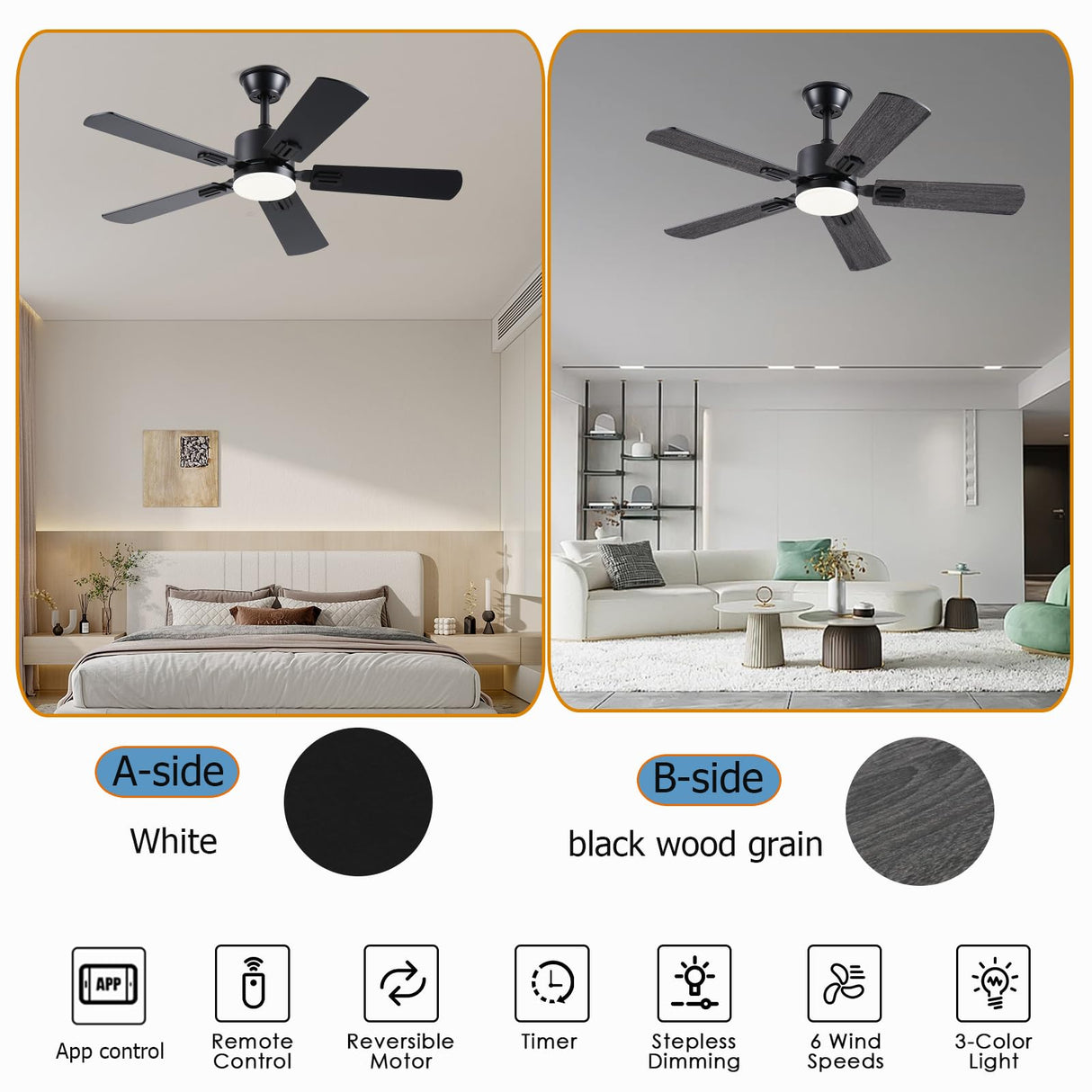 FUMLTP 42 inch Modern Ceiling Fans with Lights APP/Remote Control, Low Profile Reversible 6 Speeds Ceiling Fan Light for Indoor/Outdoor Patio Bedroom Living Room,Black FUMLTP