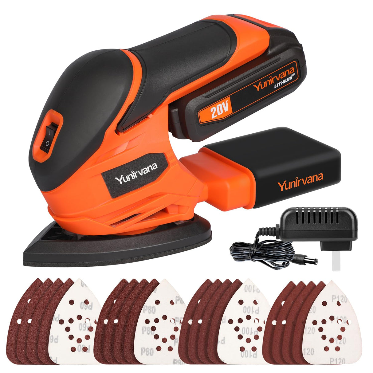 Yunirvana 20V Cordless Sander, Detail Sanders, 20Pcs Sandpapers,12000 RPM Sanders with Dust Collection System for Tight Spaces Sanding in Home Decoration, Battery and Charger Included Yunirvana