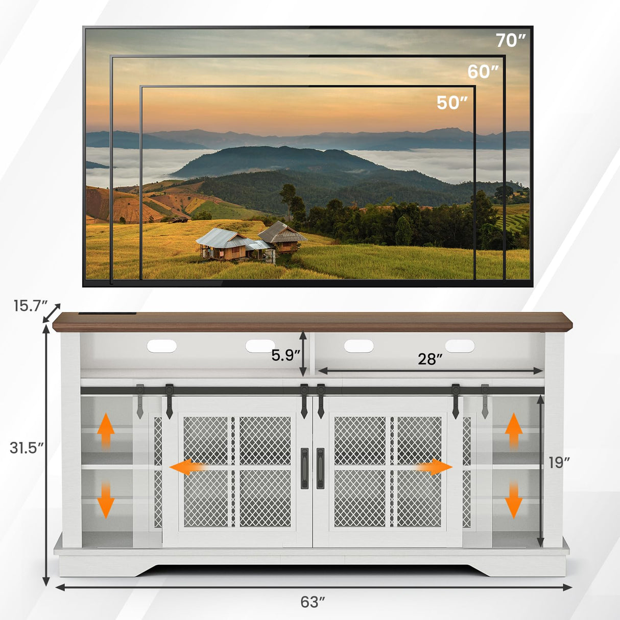HAIOOU 63" Farmhouse TV Stand with LED Light & Power Outlets for TVs up to 70 Inches, 31.5" High Tallboy TV Console Stand Entertainment Center with Cross Design Sliding Barn Doors - White HAIOOU