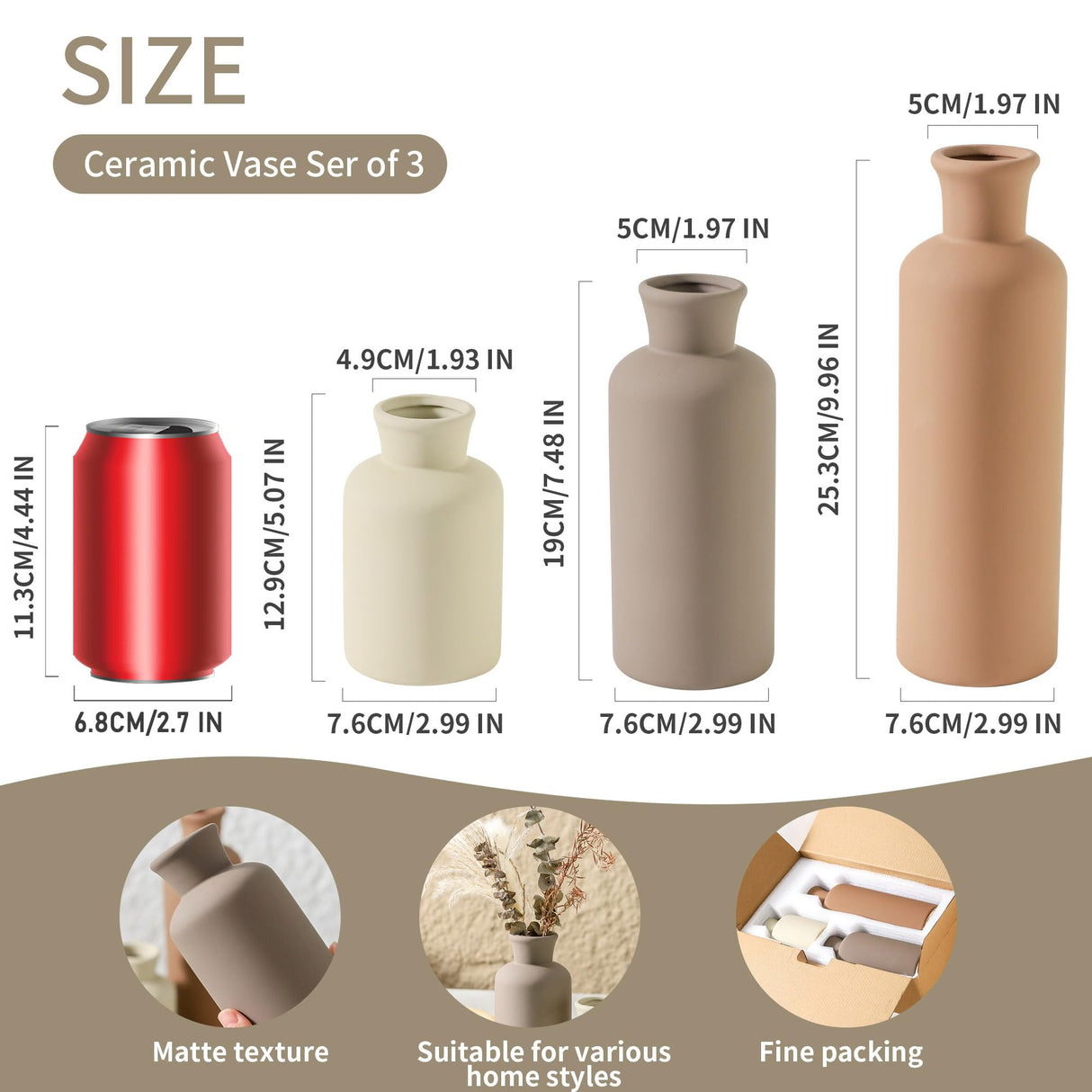 Ceramic Vase Set of 3, Flowers Neutral Modern Vases Home Decor Rustic Farmhouse Decor Pampas Vase for Table Mantel Entryway Shelf Living Room Kitchen Bathroom - Brown ooit