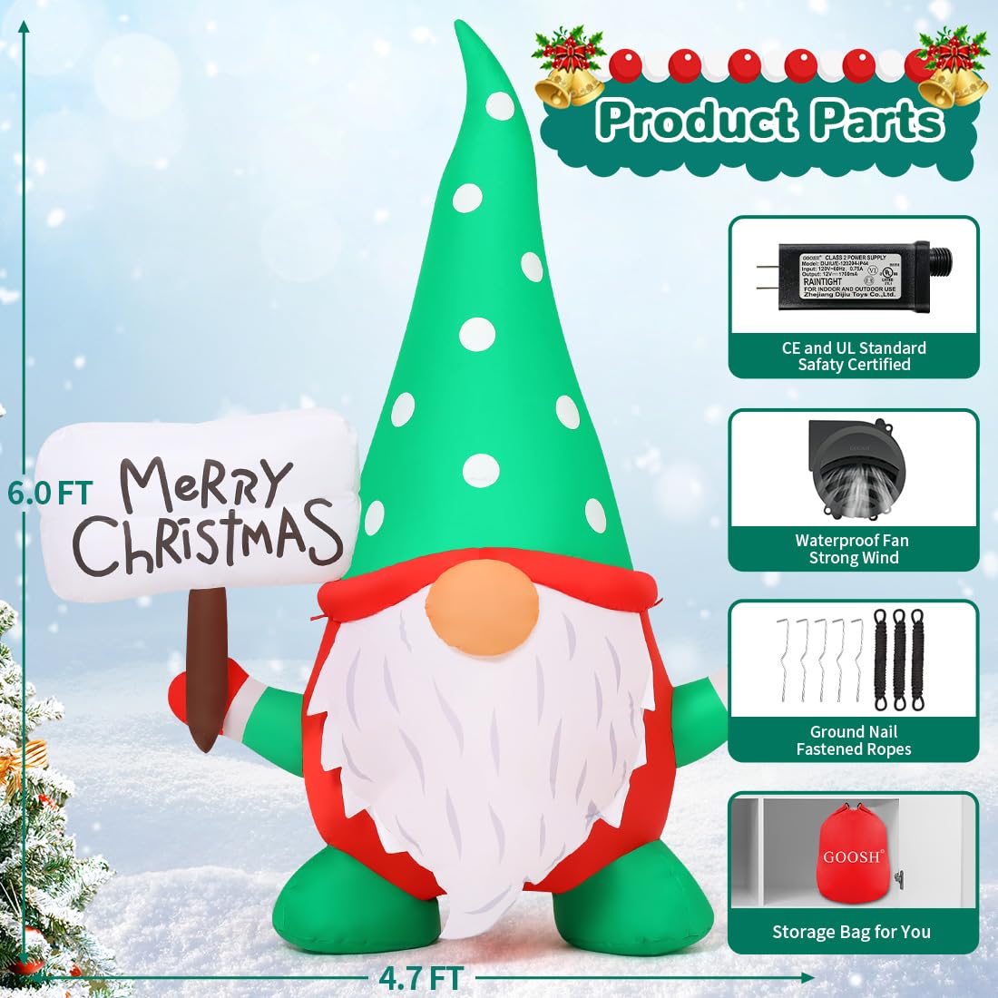 GOOSH 6 FT Christmas Gnome Inflatables Outdoor Decorations, Xmas Gnome Blow Up Yard Decorations, Built-in LED Lights for Holiday, Outdoor, Lawn, Garden GOOSH