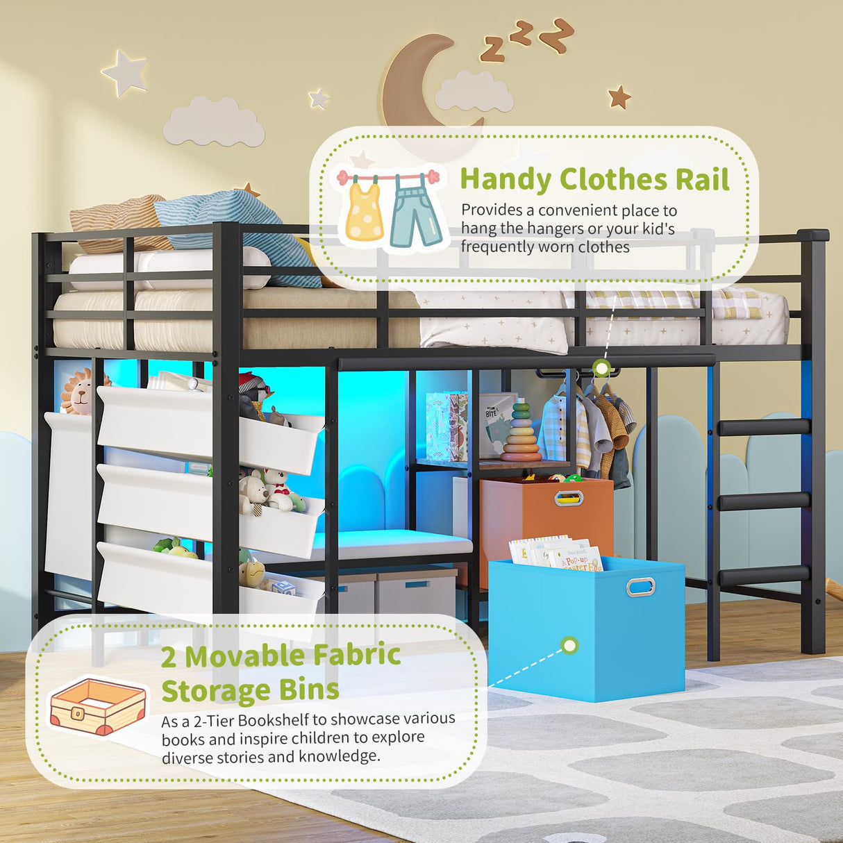 DICTAC Low Twin Loft Bed with Reading Corner,3 Sling Drawers and 2 Movable Storage Bins,Metal Twin Size Loft Bed for Kids with LED Lights and Storage Basket,13.98" H Safety Guardrail & Stairs, Black DICTAC