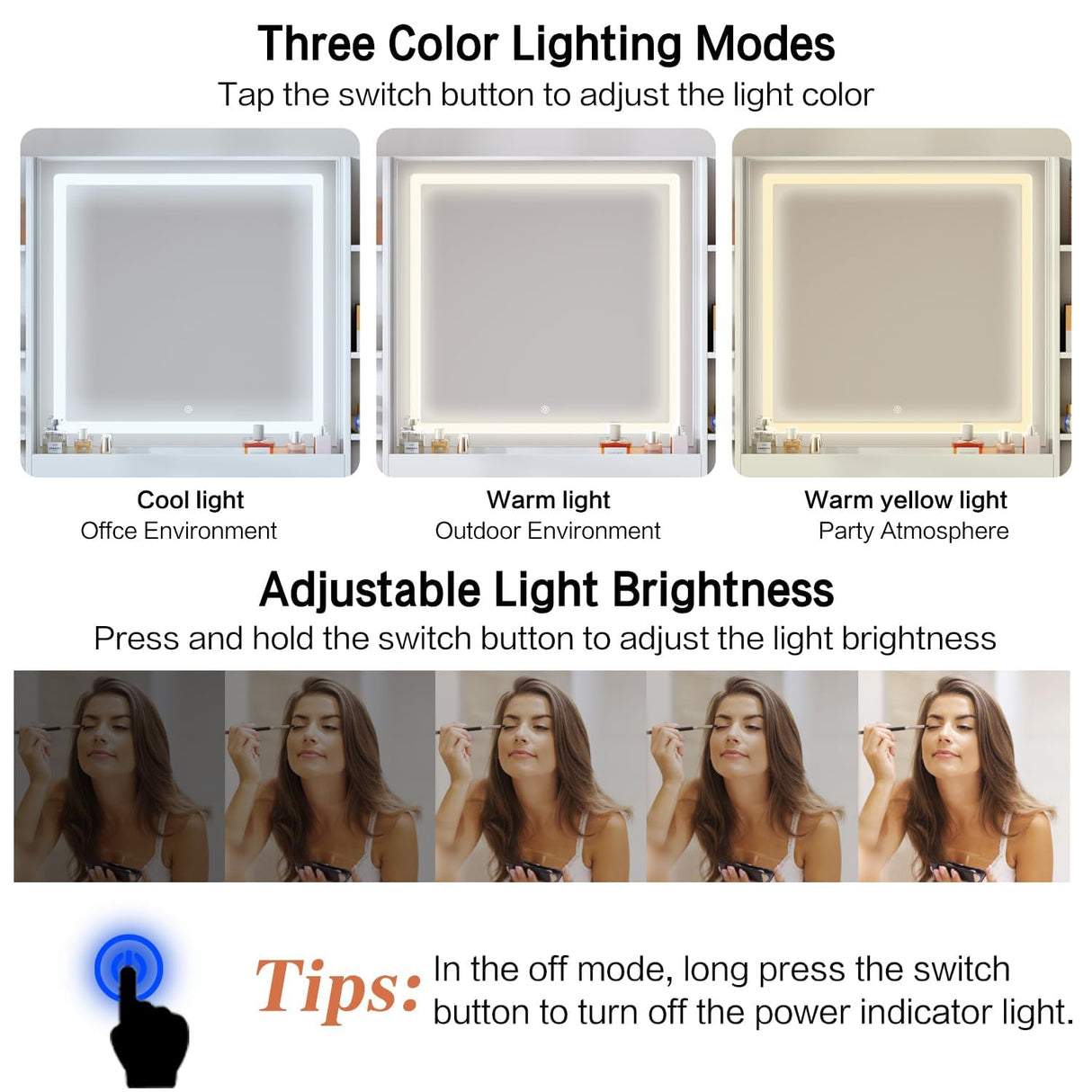 Arulvmrn 42" Makeup Vanity Desk with Mirror and Lights, & Power Outl, Glass Top Big Vanity Table with 9 Drawers& 8 Storage Shelves, Dressing Table Set with Chair for Bedroom, White Arulvmrn