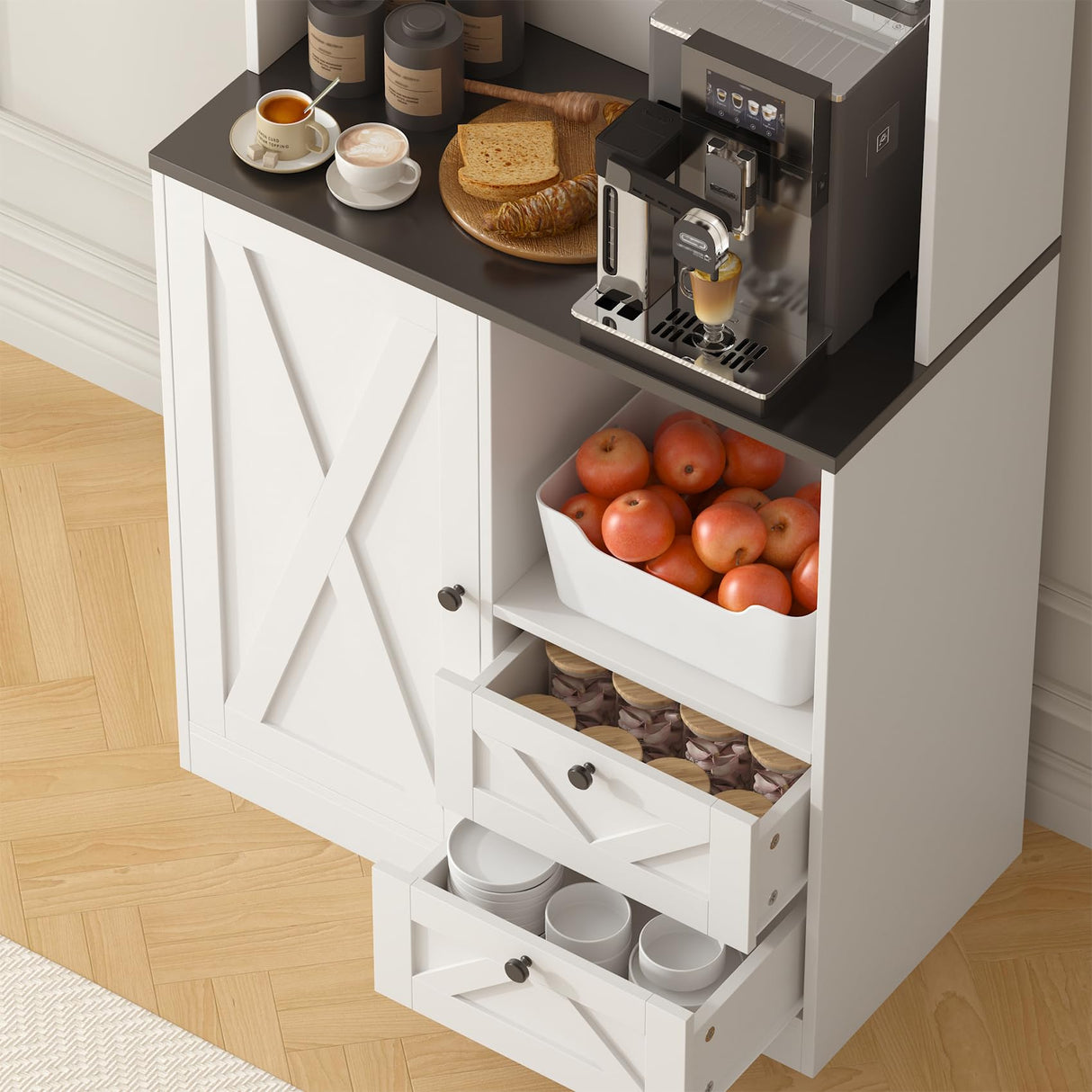 CBBPET 71" Tall Coffee Bar Cabinet with Storage Hutch, Farmhouse Kitchen Pantry Cabinet with LED Lights Microwave Stand and Glass Holder for Home Dining Room Kitchen,White CBBPET