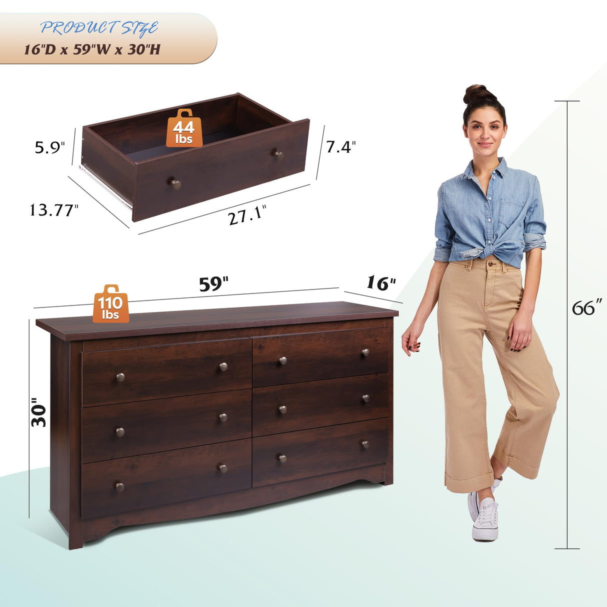 WLIVE Wood Dresser with 6 Drawer, Wide Chest of Drawers for Bedroom, Long Nightstand with Drawers, Modern Large Storage Tower Unit, Closet Store Organizer for Living Room, Hallway, Brown WLIVE