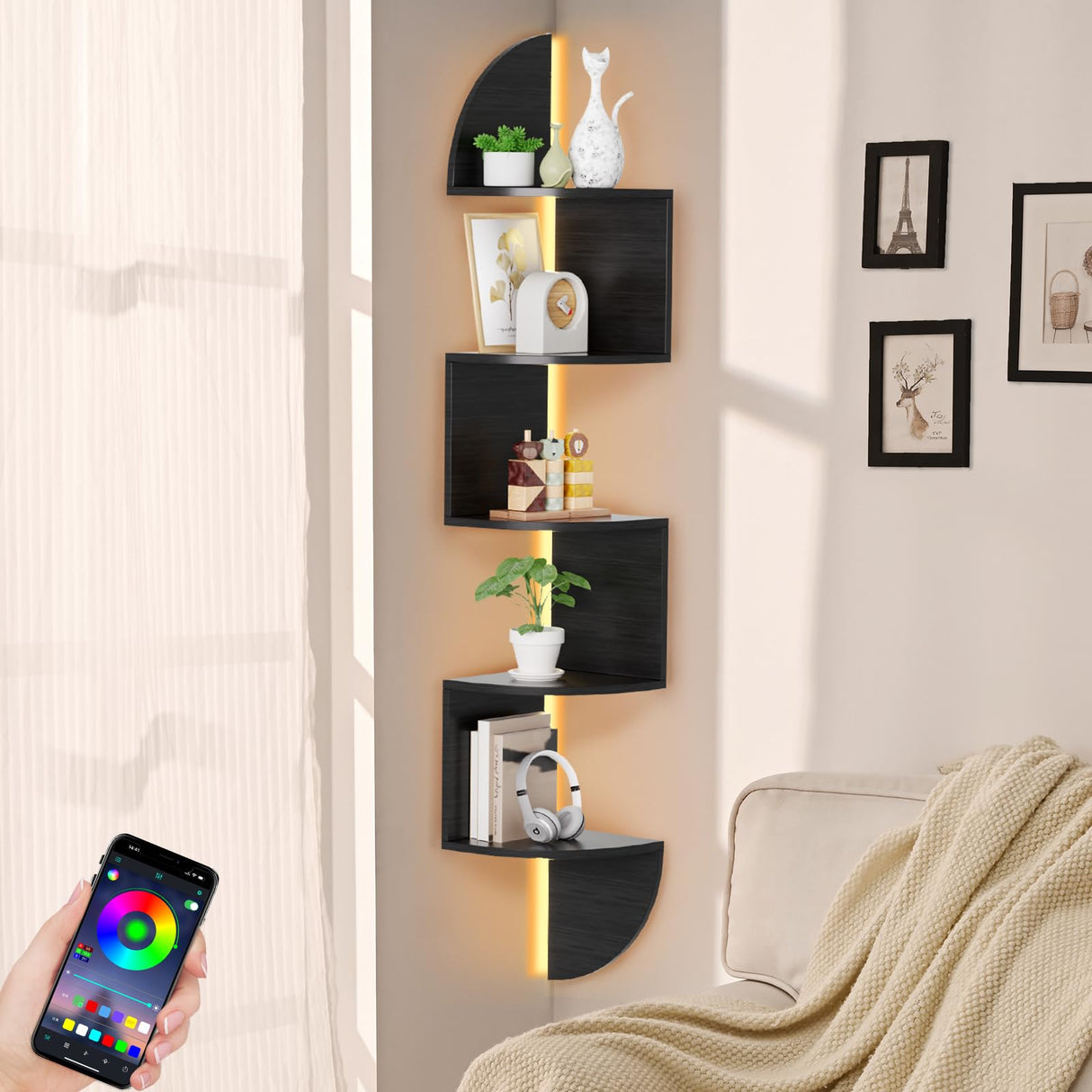 Corner Shelf, 5 Tier Bookshelf with LED Light, Corner Shelf Wall Mounted, Floating Shelves for Wall, Display Stand for Bedroom, Living Room, Bathroom, Home, Office, Black Waipfaru