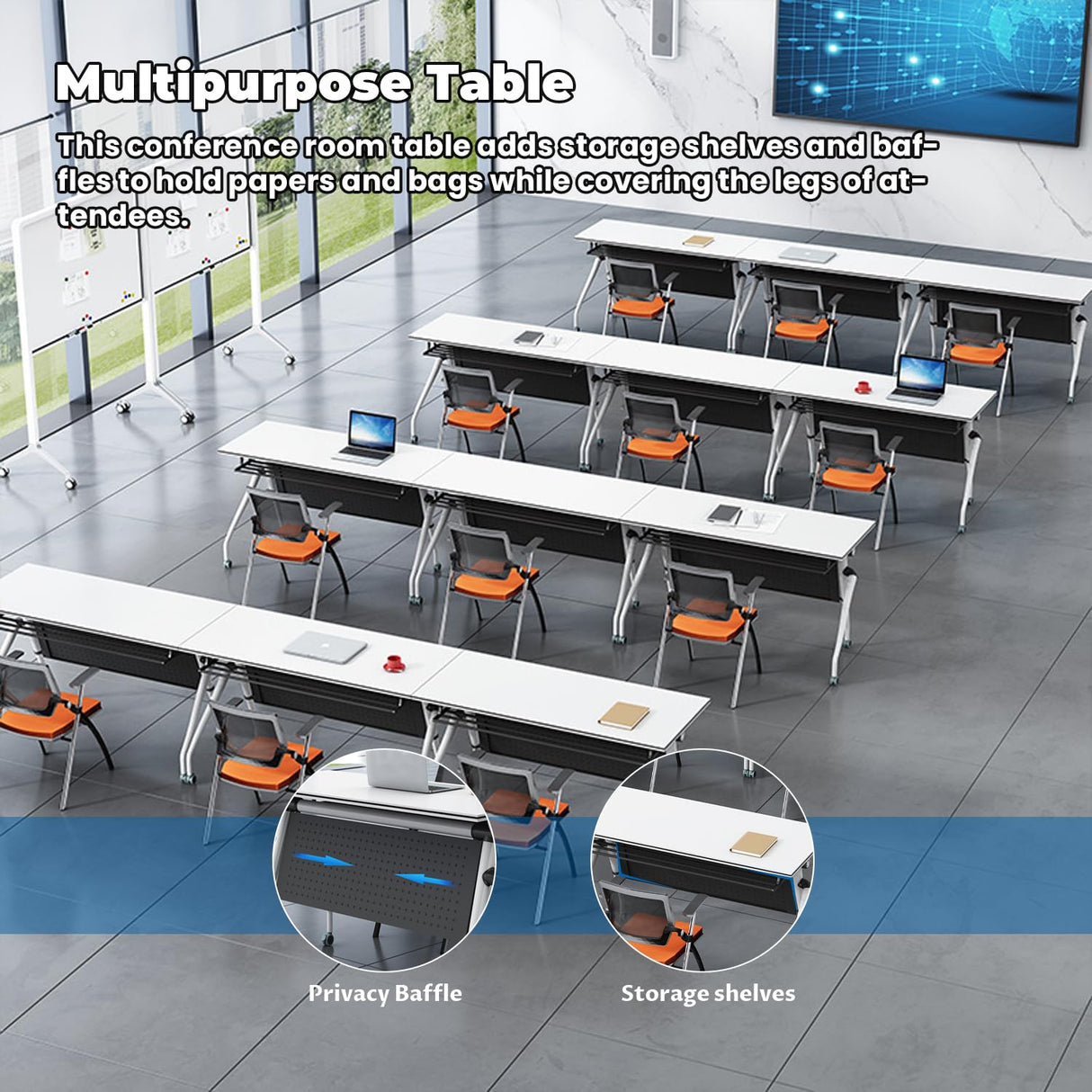 Folding Conference Table,47.2x23.6x29.5in Modern Conference Room Table Seminar Mobile Training Table,with Caster Modular Flip Top Meeting Table for Office Conference Room (White, 8 Pack) Crevew