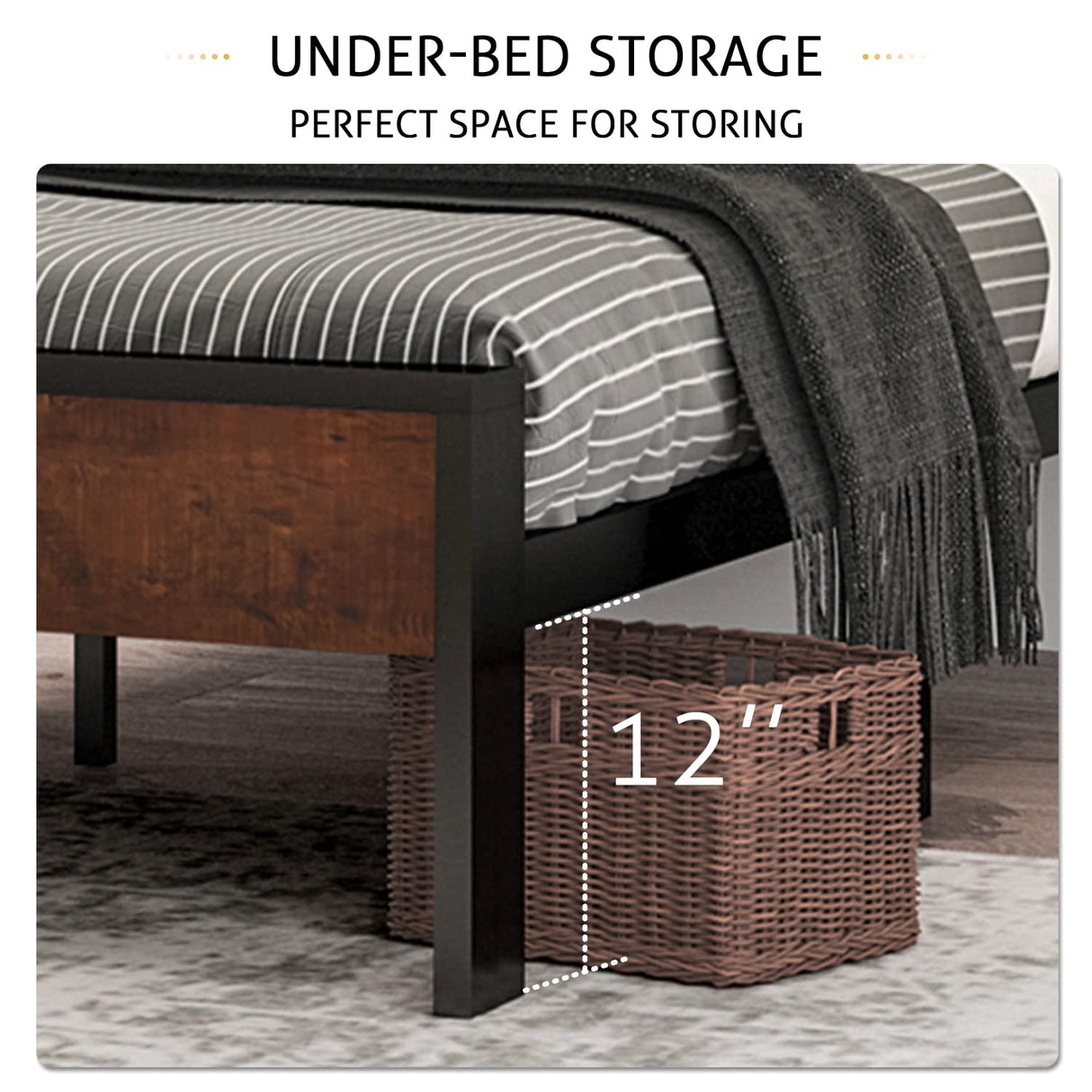 SHA CERLIN 14-Inch Full Size Metal Platform Bed Frame with Rustic Wooden Headboard and Footboard SHA CERLIN