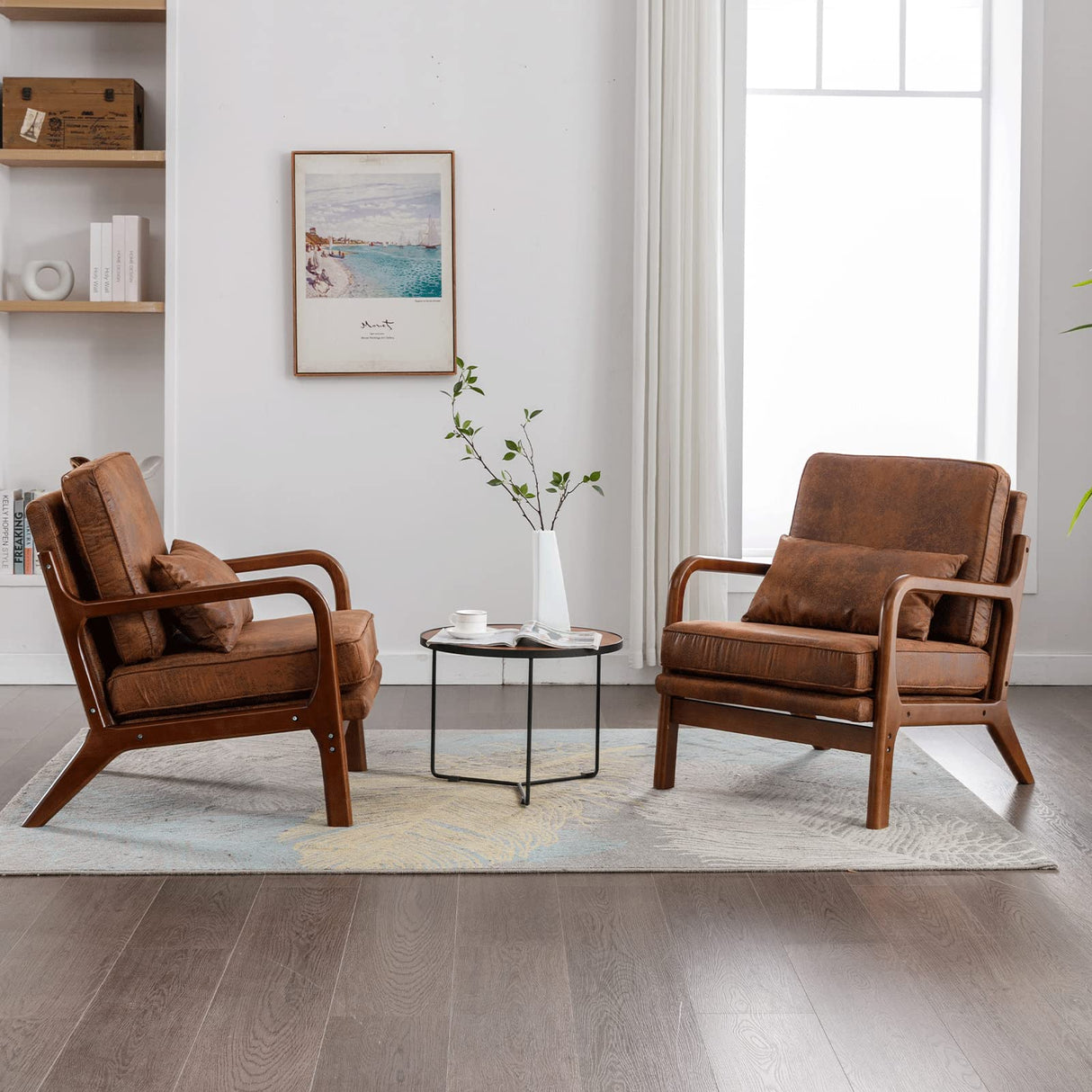 Mid Century Modern Accent Chair Set of 2 Living Room- Comfy Solid Wood Arm Chair with Lumber Pillow Lounge Decorative Brown Leather Office Side Chair Bedroom Reading Nook Sillas De Sala Microfiber Deolme