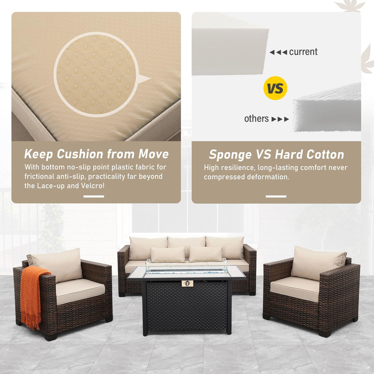 4 Pieces Outdoor Patio Furniture Set 43 in Outdoor Fire Pits Wicker Outdoor Furniture Chairs and Sofa 60000 BTU Outdoor Propane Fire Pit Table Non-Slip Cushions and Waterproof Covers, Khaki Oasishine