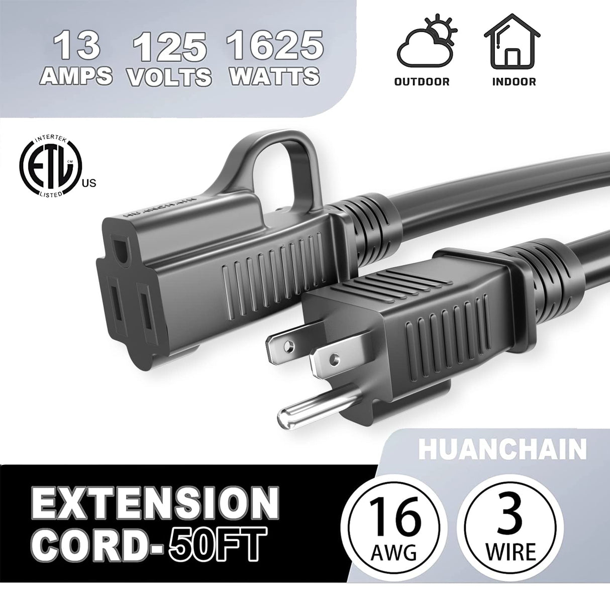HUANCHAIN Indoor Outdoor Black Extension Cord 50 ft Waterproof, 16/3 Gauge Flexible Cold-Resistant Appliance Extension Cord Outside, 13A 1625W 16AWG SJTW, 3 Prong Heavy Duty Electric Cord, ETL huanchain