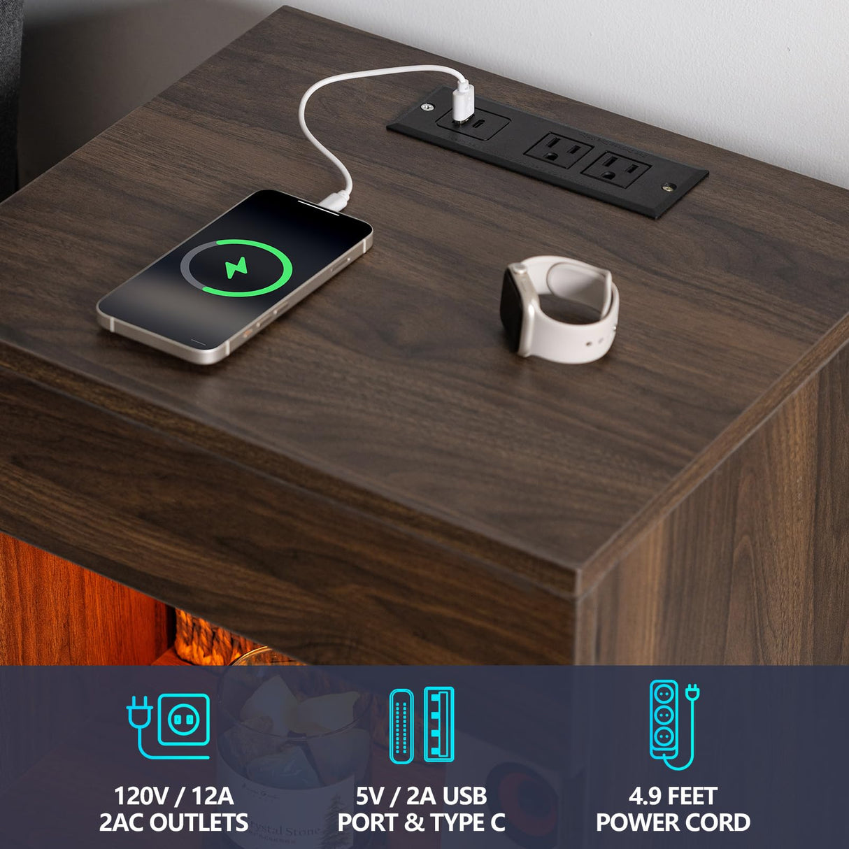 HOMMPA Set of 2 Open Shelf LED Nightstands with Charging Station Dark Walnut 2 Drawers Bedside Tables with Led Light Night Stands with Storage Smart Nightstads Wood Night Table Mid Century for Bedroom HOMMPA