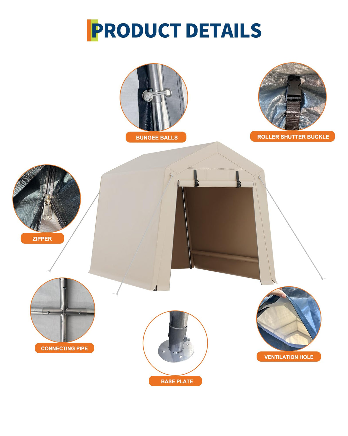 GarveeLife 6x8 FT Portable Outdoor Storage Shed with 2 Roll-Up Zipper Doors & Vents, 240G Heavy-Duty Shelter Waterproof PE Tarp, UV-Resistant Carport for Motorcycle, Firewood, Tools -Khaki GarveeLife