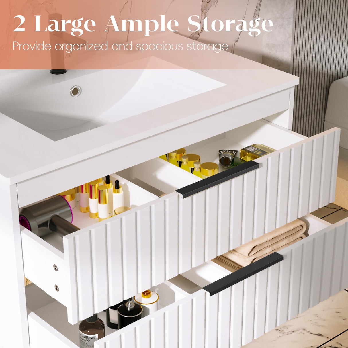 Buytime 30" Bathroom Vanity with Sink, Floating Vanity Bathroom Sink Cabinet Wall Mount, Soft-Close Function 2 Large Drawers, Grooved Stripe Design, Hidden Damping Drawers, White Buytime