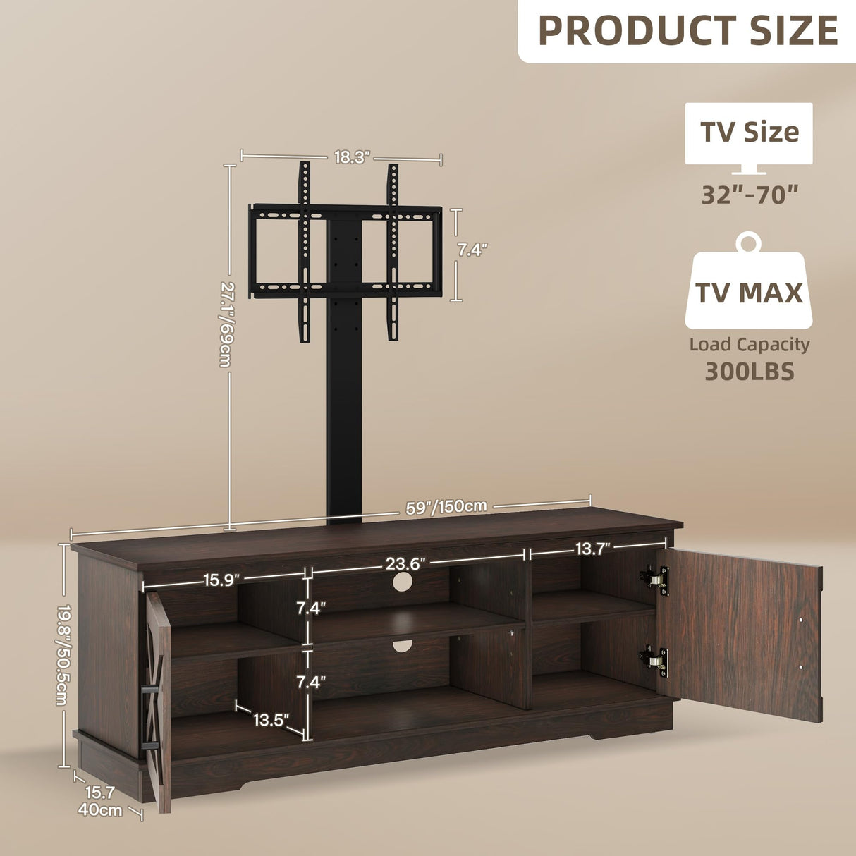 YITAHOME Farmhouse TV Stand with Mount, Sturdy TV Stand Mount for 32/45/55/60/65/70 inch TVs, Entertainment Center with Adjustable Shelf, TV Cabinet Media Console for Living Room, Espresso YITAHOME
