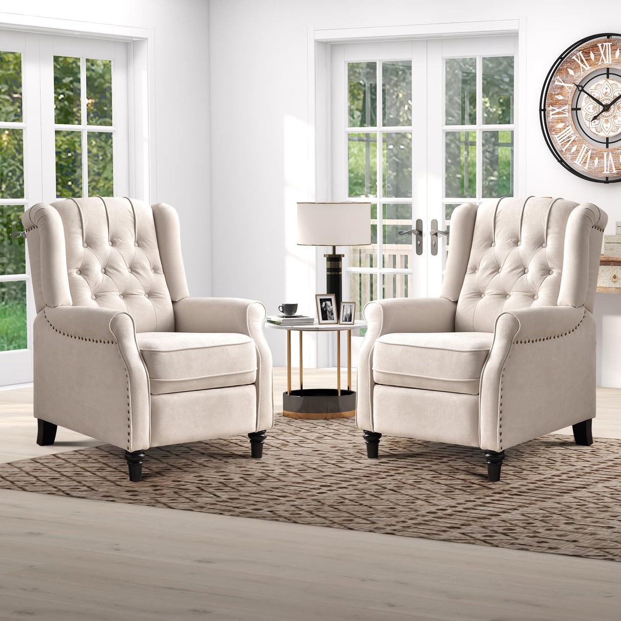 IOMOR Push Back Recliner Chair Fabric Lounge Armchair Pushback Recliner with Rivet Decoration Wingback Single Sofa Chair with Padded Seat for Living Room, Bedroom Set of 2, Beige IOMOR