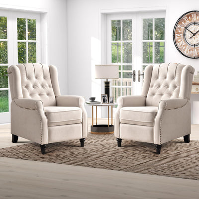 IOMOR Push Back Recliner Chair Fabric Lounge Armchair Pushback Recliner with Rivet Decoration Wingback Single Sofa Chair with Padded Seat for Living Room, Bedroom Set of 2, Beige