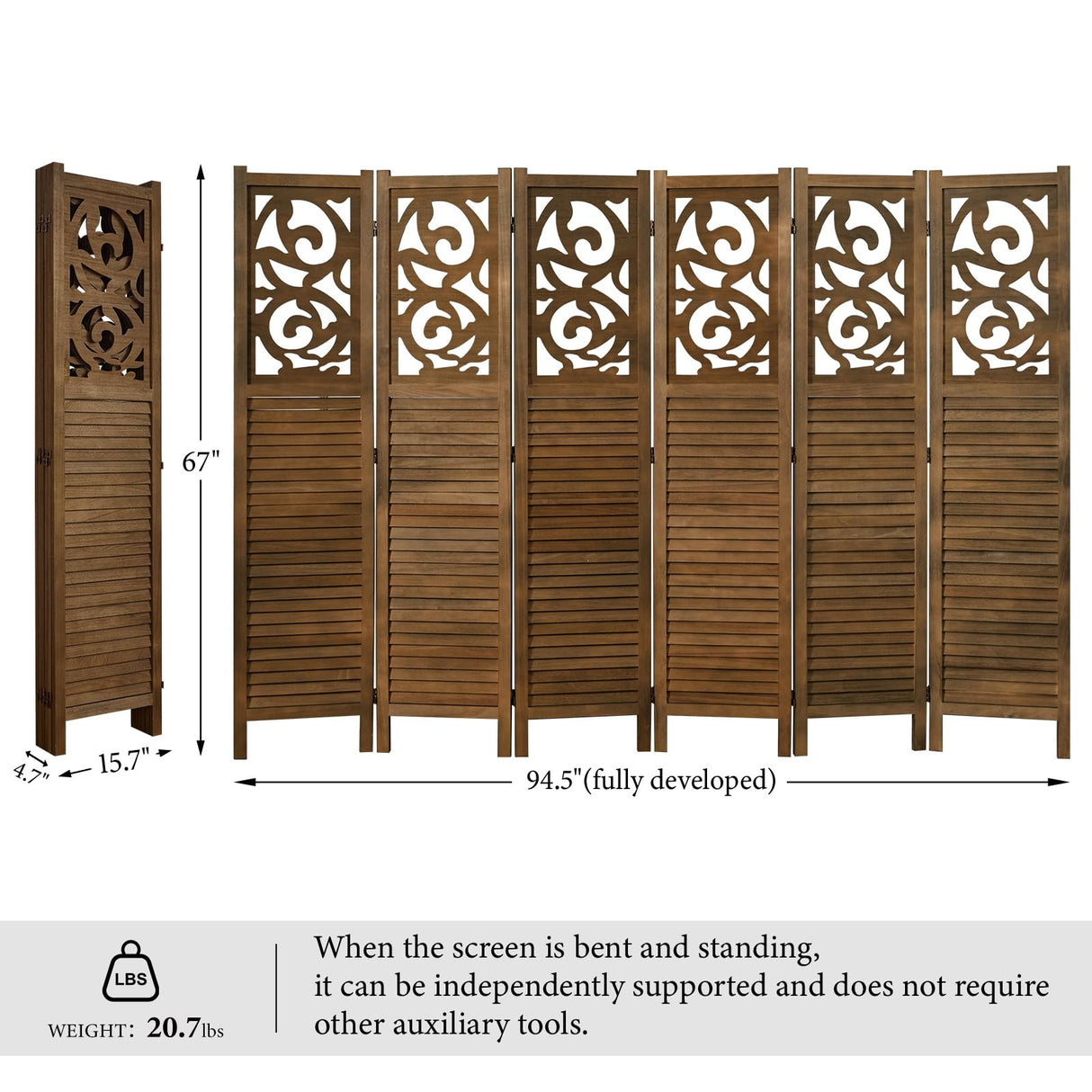 Svimi Folding Room Divider, 5.6Ft 6 Panels Wood Carved Privacy Screens, Free Assembled Freestanding Portable Reversible Functional Decorative Partition for Home Office Restaurant Bedroom (Brown) Svimi