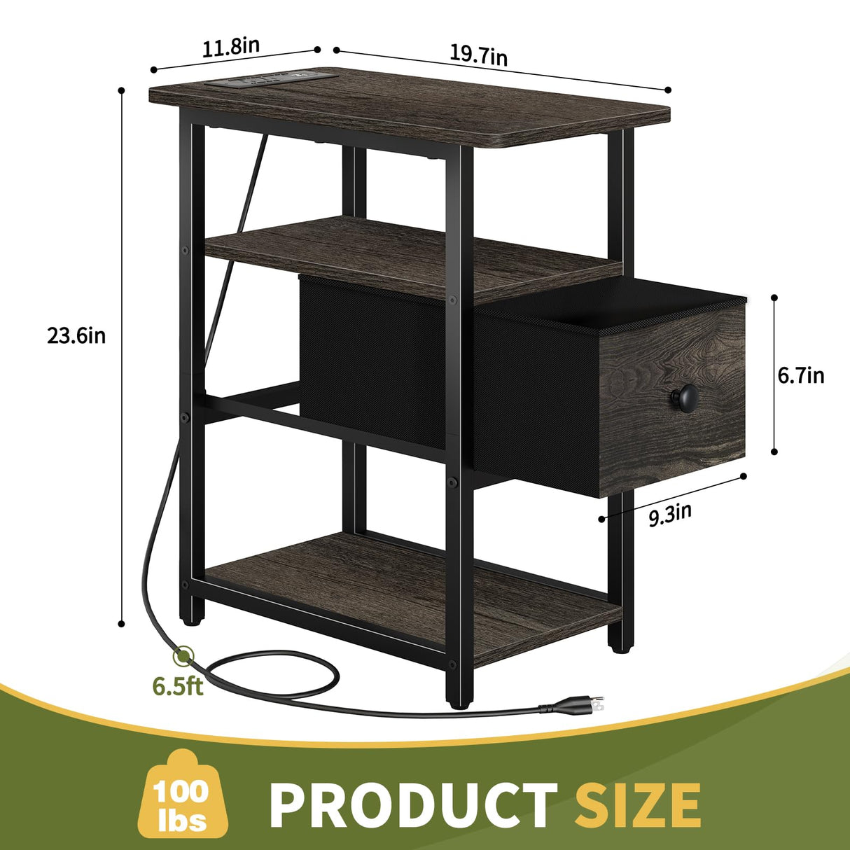 Yoobure End Table with Charging Station, Narrow Side Table with Adjustable Fabric Drawer, 3-Tier End Tables Living Room, Small Nightstand with Outlets, LED Skinny Night Stand for Bedroom Small Spaces Yoobure