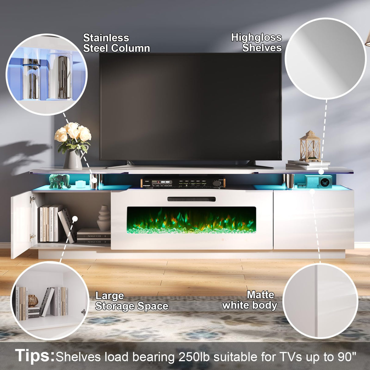 AMERLIFE Entertainment Center with Fireplace and Bookcases, Includes 80" 2-Tier Fireplace TV Stand with 40" Fireplace, 2 x High Gloss Bookshelves with LED Lights & Glass Doors, White AMERLIFE