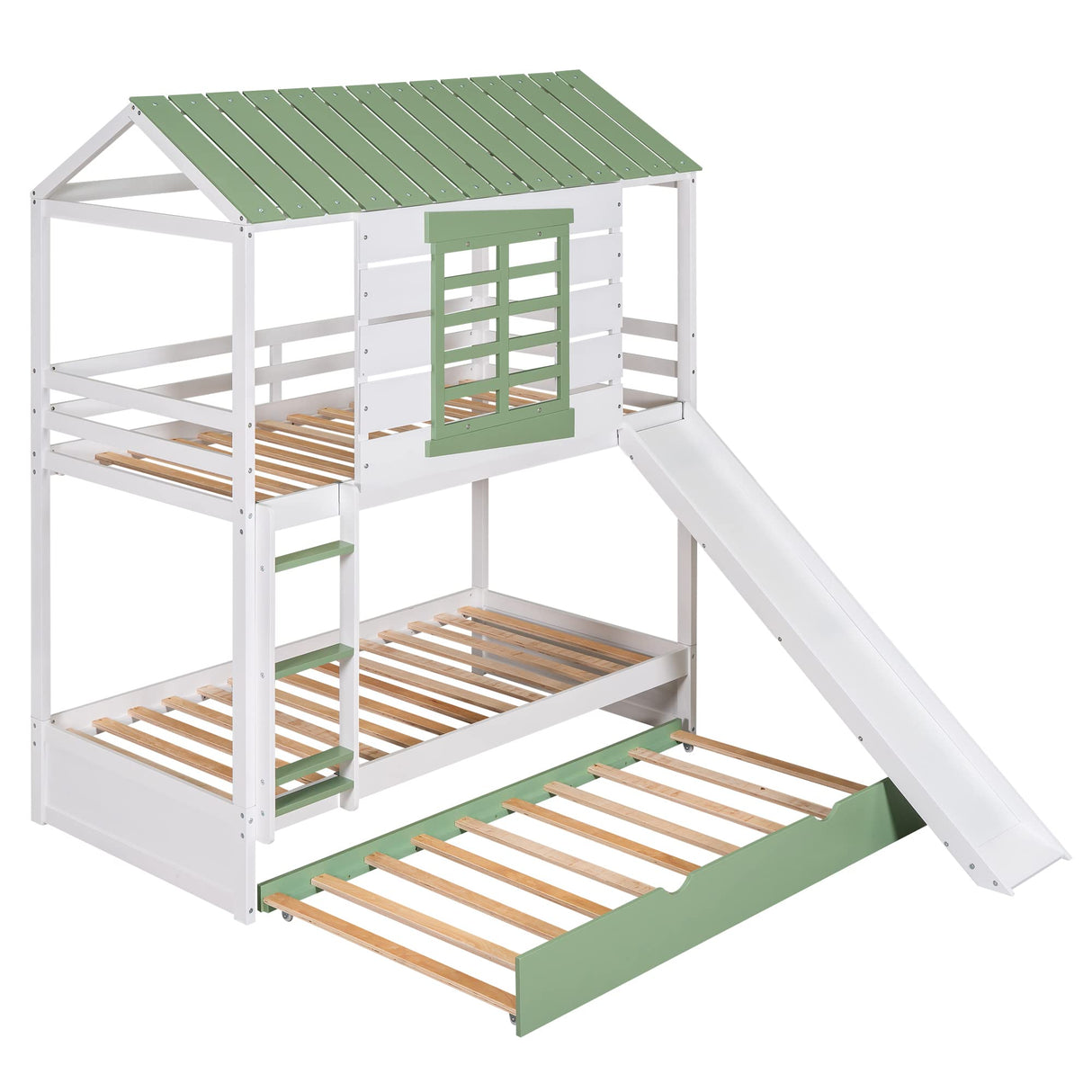 Harper & Bright Designs House Bunk Bed with Convertible Slide and Trundle, Solid Wood Bunk Bed Twin Over Twin, for Kids Girls Boys (White+Green) Harper & Bright Designs