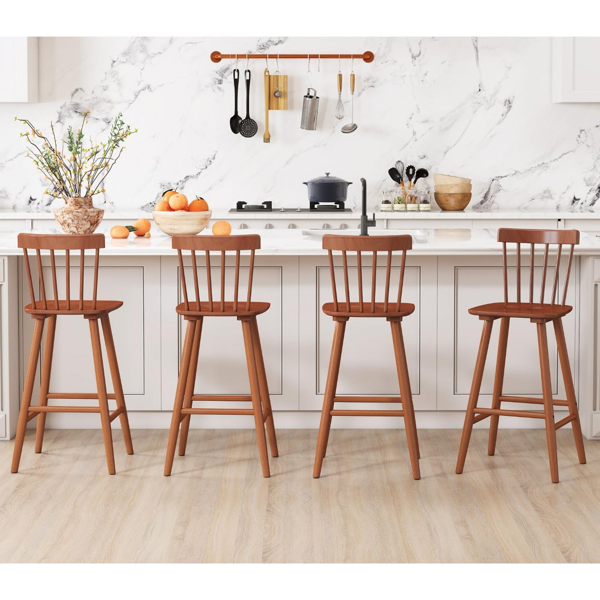 chairus 26" Farmhouse Wooden Bar Stools Set of 2, Windsor Spindle Back Counter Height Stools, Modern Armless Bar Chairs for Kitchen Island Dining Room Cafe, Walnut Brown chairus