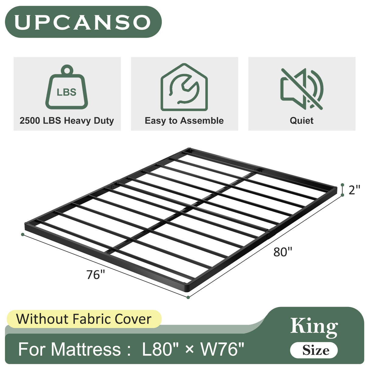 Upcanso King Box Spring Bed Base 2 Inch, Low Profile Metal Box Spring King Bunkie Board 2 Inch, 3000 Lbs Max Weight Capacity Mattress Foundation, Noise-Free, Easy Assembly Upcanso