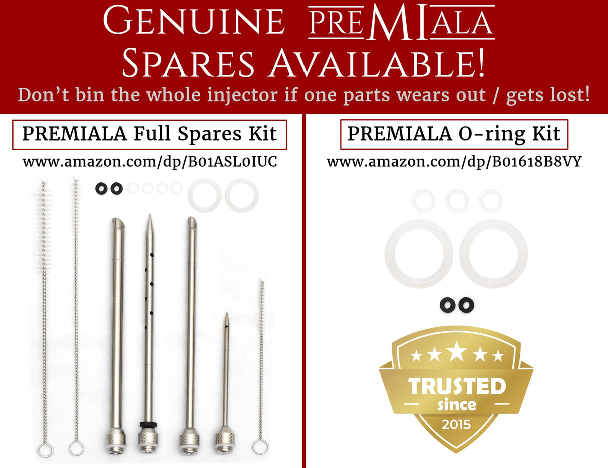 Premiala 304-Stainless Steel Meat Injector - With Marinade Straw! 4 Needles, Spare Orings, Ebook, Spares Available! The Original 2oz Marinade Injector Syringe Kit Creates Juiciest Turkey and BBQ Ever! Premiala