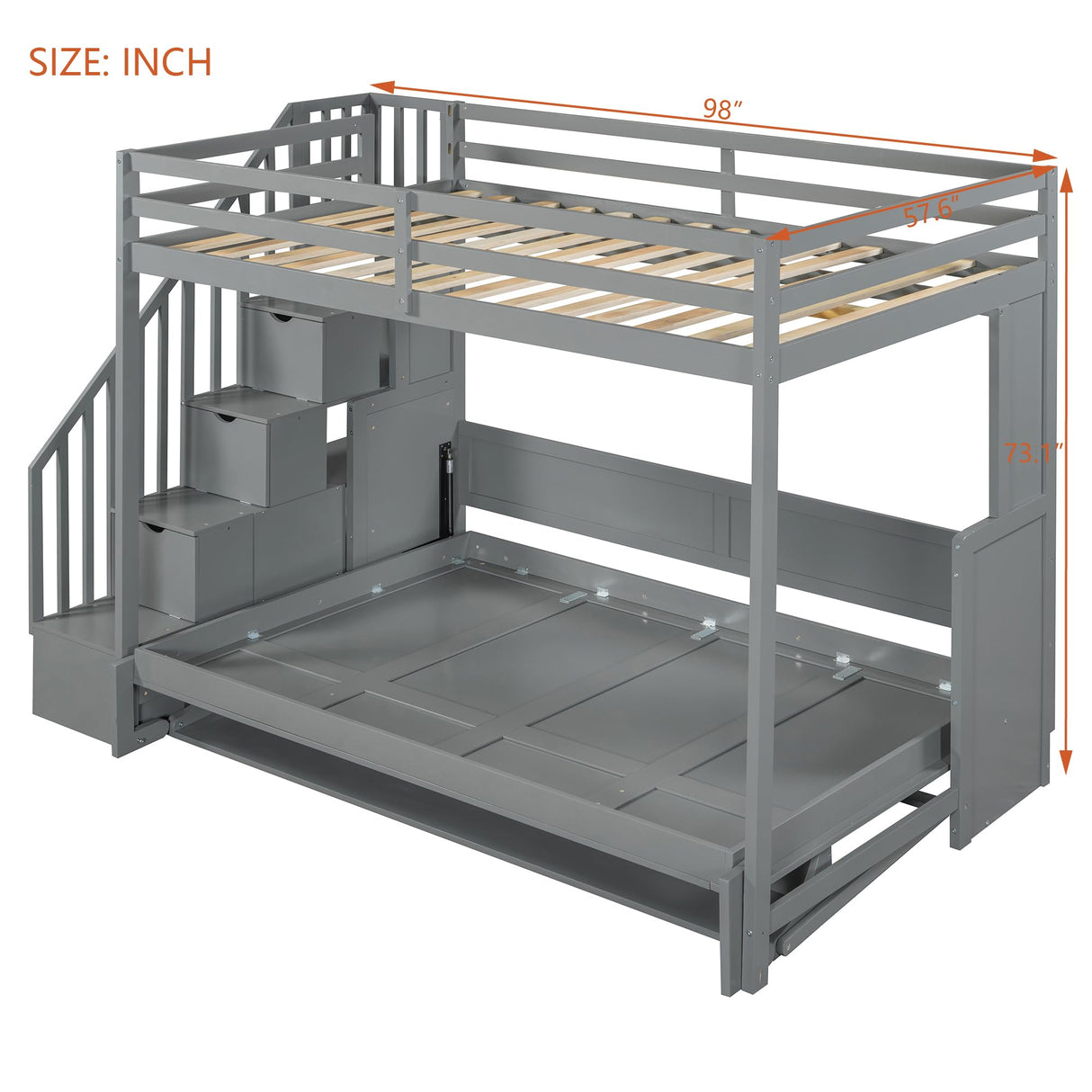 Merax Modern Farmhouse Solid Wood Loft Bed with Murphy Bed Cabinet w/Hydraulic Lift Full Over Full, Wall Bunk Bed with Storage Staircase, Shleves & Desk/Space Saving/Wood Slat Support/Gray Merax