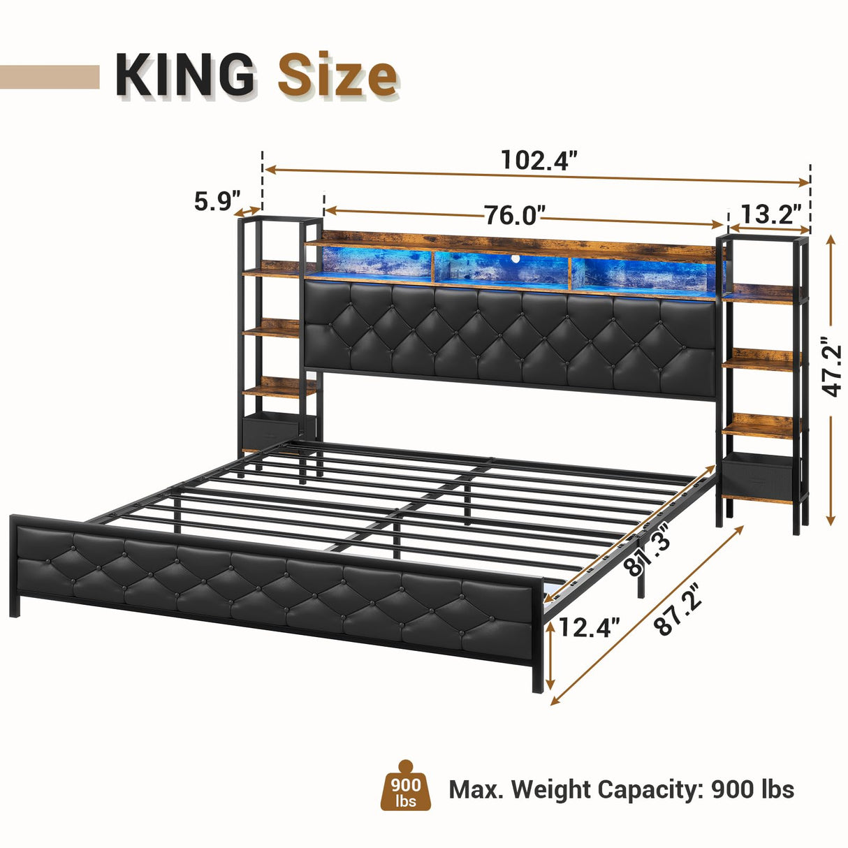 Hasuit King Size Farmhouse Bed Frame with LED Lights, Charging Station, and Bookcase Headboard Hasuit