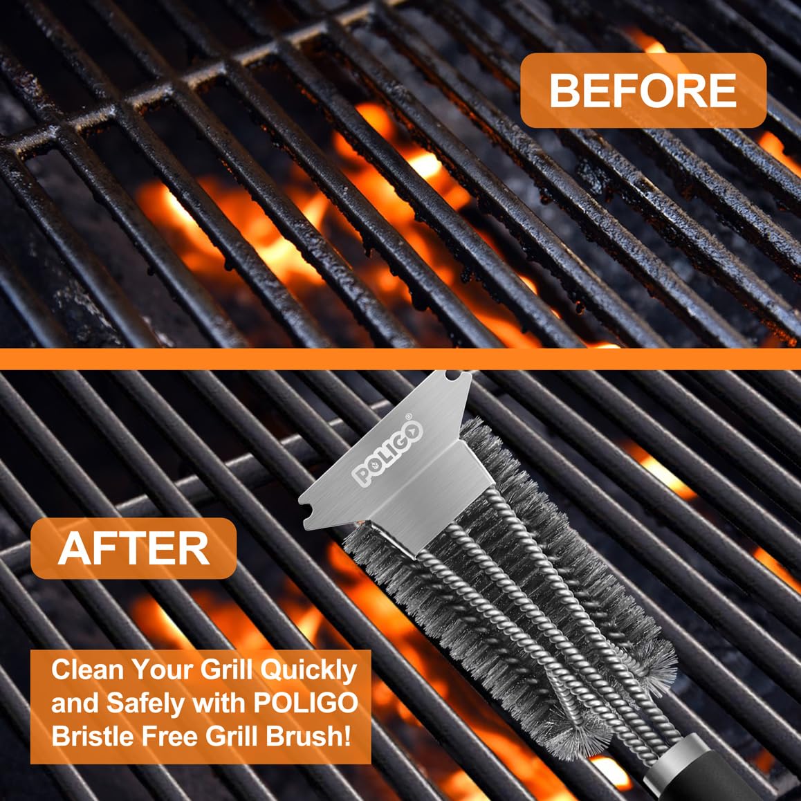 POLIGO Safe Grill Brush and Scraper with Deluxe Handle - 18" Grill Cleaner Brush Stainless Steel Bristle Grill Brush for Outdoor Grill Wizard Grate - BBQ Brush for Grill Cleaning Ideal Grilling Gifts POLIGO