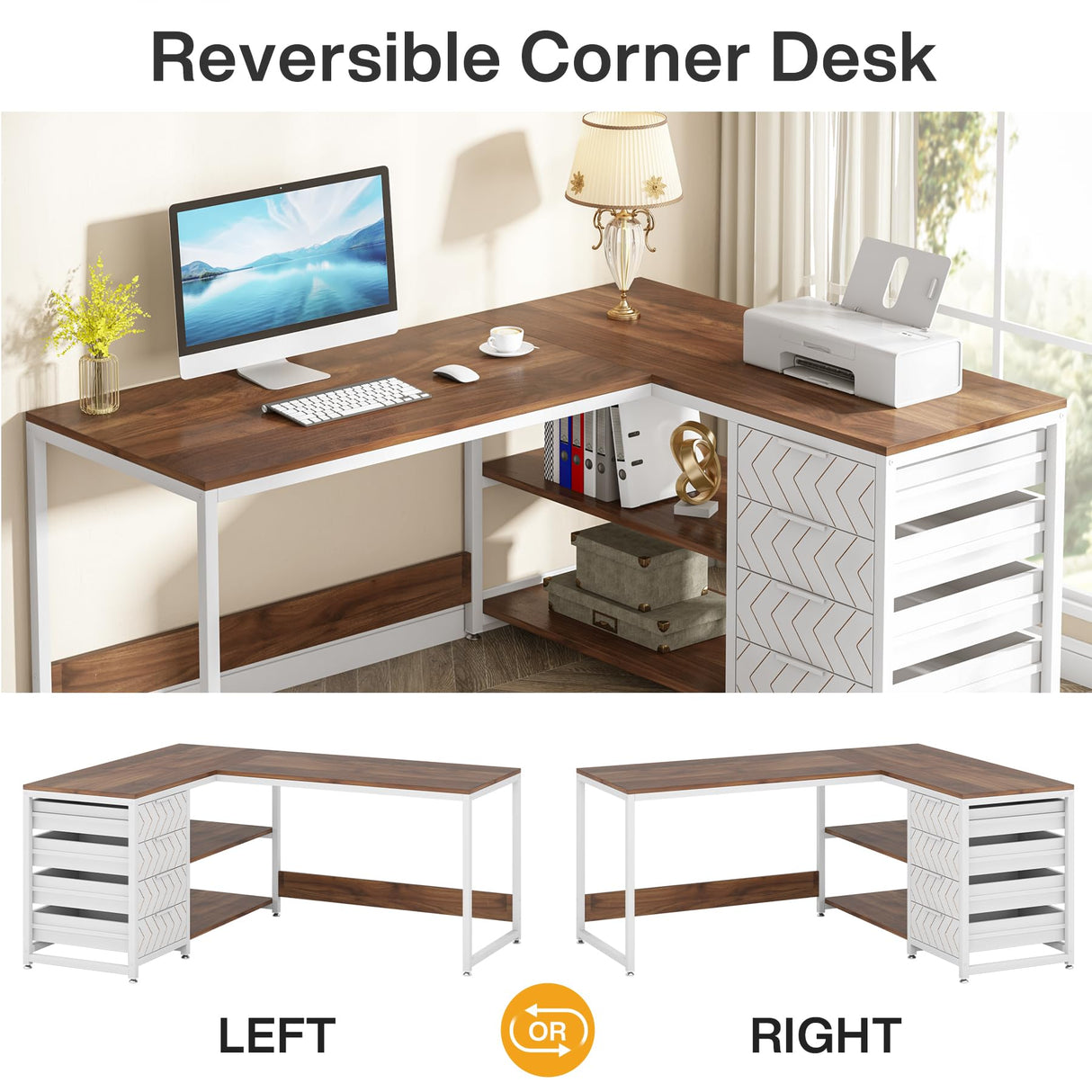 Tribesigns L Shaped Computer Desk with Storage Drawers, 59 inch Corner Desk with Shelves, Reversible L-Shaped Office Desk Study Writing Table Workstation for Home Office, Walnut & White Tribesigns