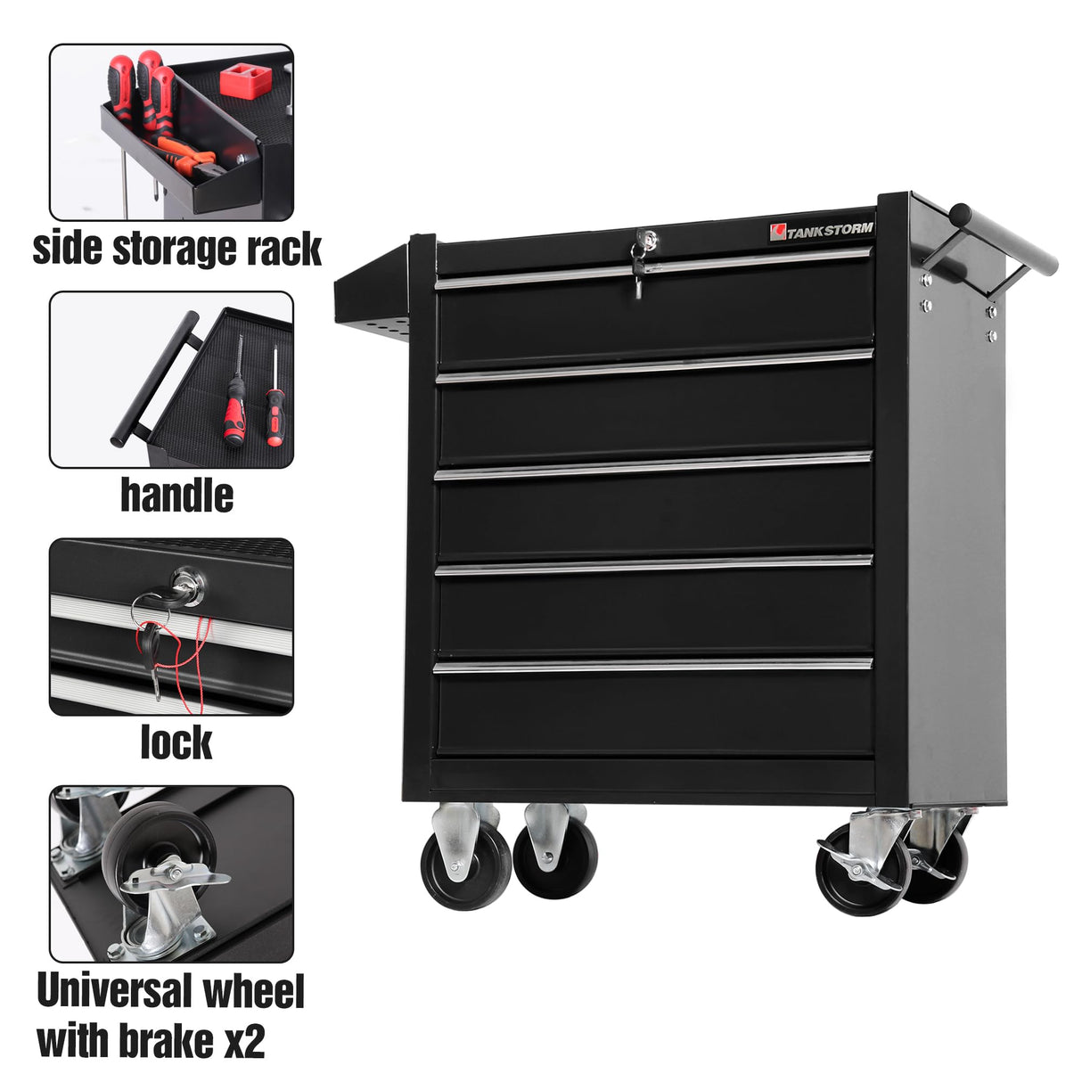 TANKSTORM Tool Chest Heavy Duty Cart Steel Rolling Tool Box 5 Drawer Cart (TZ35-BK) TANKSTORM