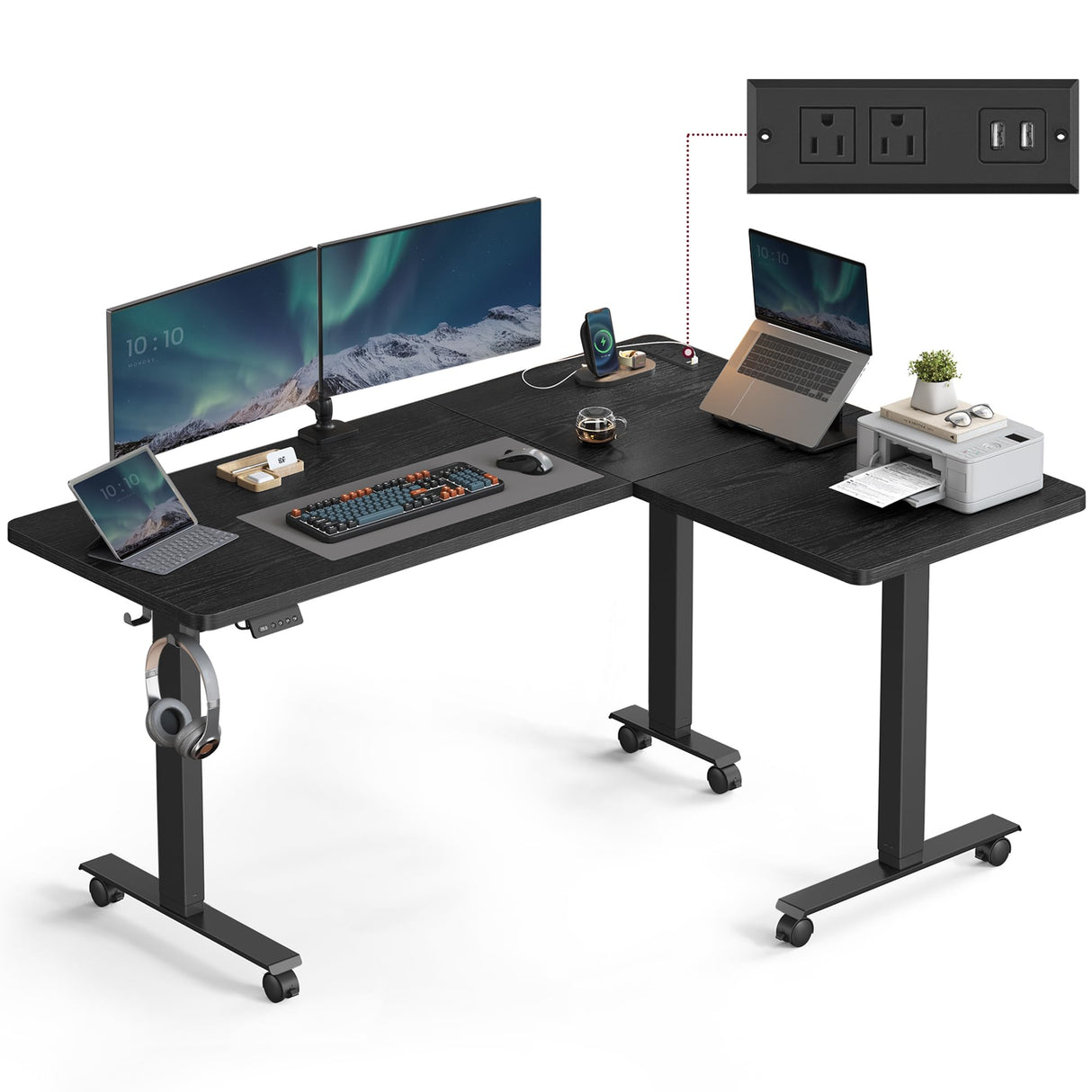 VASAGLE L Shaped Electric Standing Desk, 63 x 47.2 Inches, Height Adjustable Corner Desk with Power Outlets, 2 Memory Buttons, Easy to Assemble, for Home Office, Ink Black ULSD242B01 VASAGLE