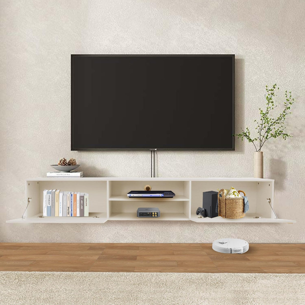 TIMSATIO Floating TV Stand Wall Mounted,70" Floating Entertainment Center for 60" 70" 80",Floating Shelf for Under tv, 3 Cabinet TV Console,Media Console for Living Room (Off-White) TIMSATIO