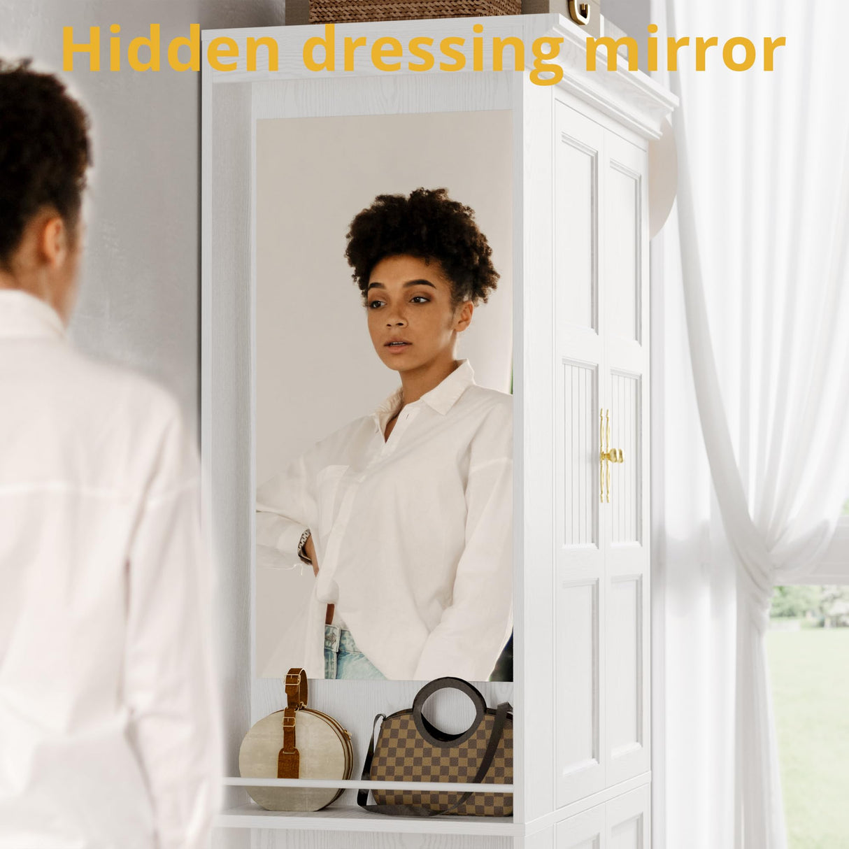 LIKIMIO Armoire Wardrobe Closet with Mirror, 70” Wooden Wardrobe Cabinet with 4 Doors, 2 Open Storage Shelves, Freestanding Bedroom Armoire with 3 Hooks & Hanging Rod for Home Room, White LIKIMIO