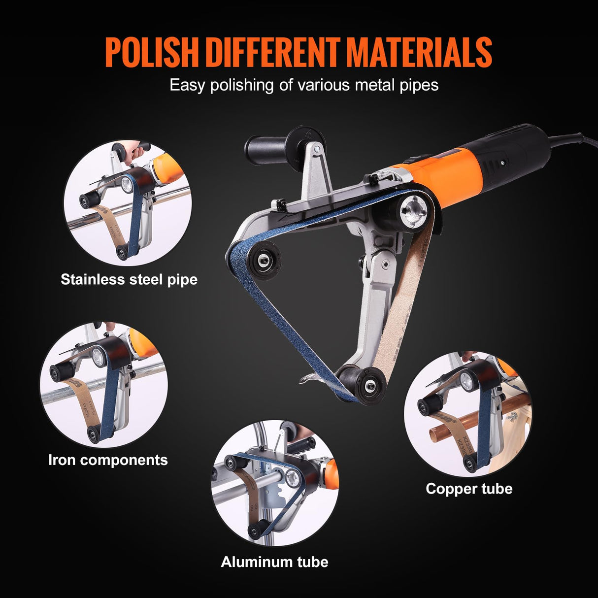 VEVOR Pipe Tube Polisher Sander, 1000W Pipe Belt Sander with 6 Variable Speeds 1100-3200rpm, Professional Belt Sander Grinding Machine with 50PCS VEVOR