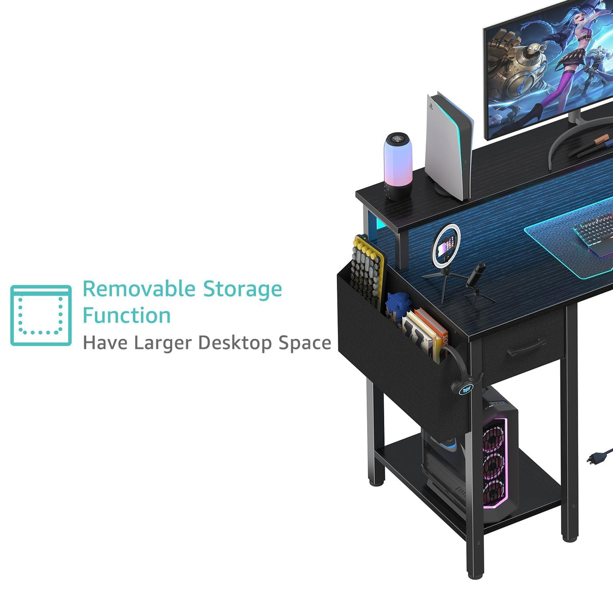 Lufeiya L Shaped Gaming Desk with Fabric Drawers and Storage Shelves, 47 inch Home Office Desk with Monitor Stand, Computer Desk with LED Lights and Power Outlets, Black Lufeiya