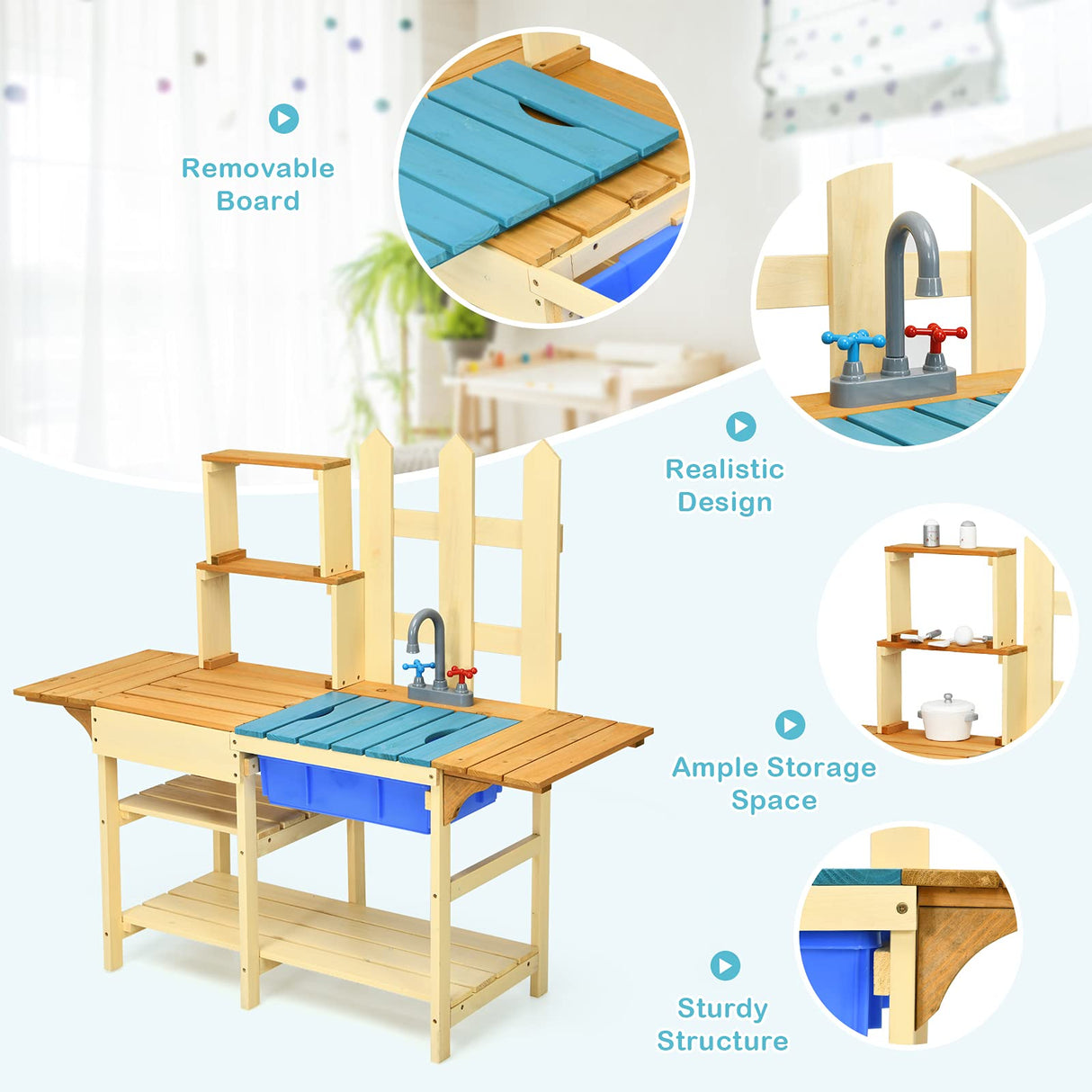 Costzon Wooden Kids Kitchen Playset, Indoor Outdoor Pretend Mud Kitchen Set for Toddler, Play Kitchen Toy w/Simulated Faucet, Shelves, Removable Board, Toy Kitchen Set for Girls & Boys Age 3+ Costzon