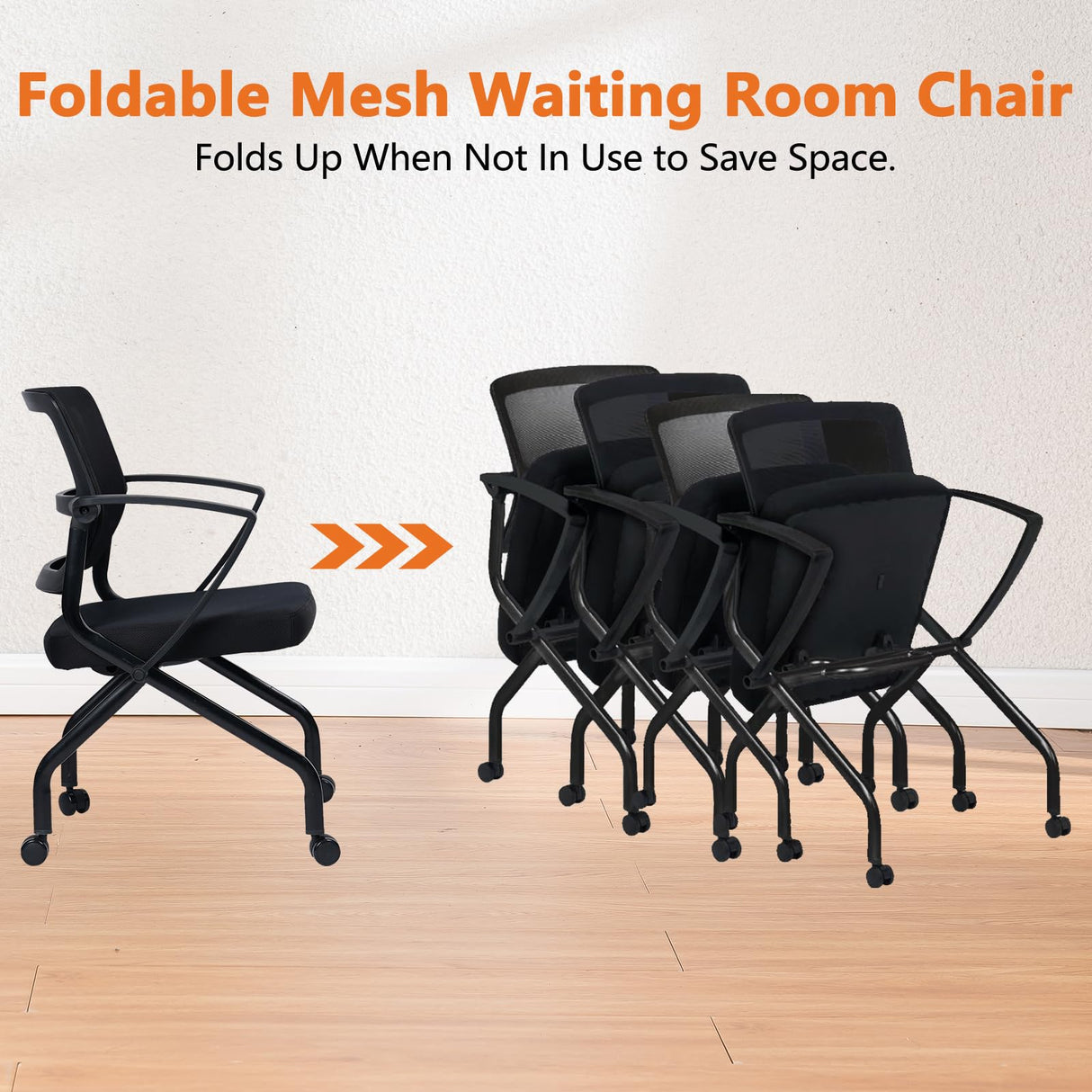 CLATINA Foldable Mesh Ergonomic Training Room Chair Guest Reception Stack Chairs with Caster Wheels and Arms for Office School Church Meeting Conference Training Waiting Room Black (Black Mesh, 1PK) CLATINA