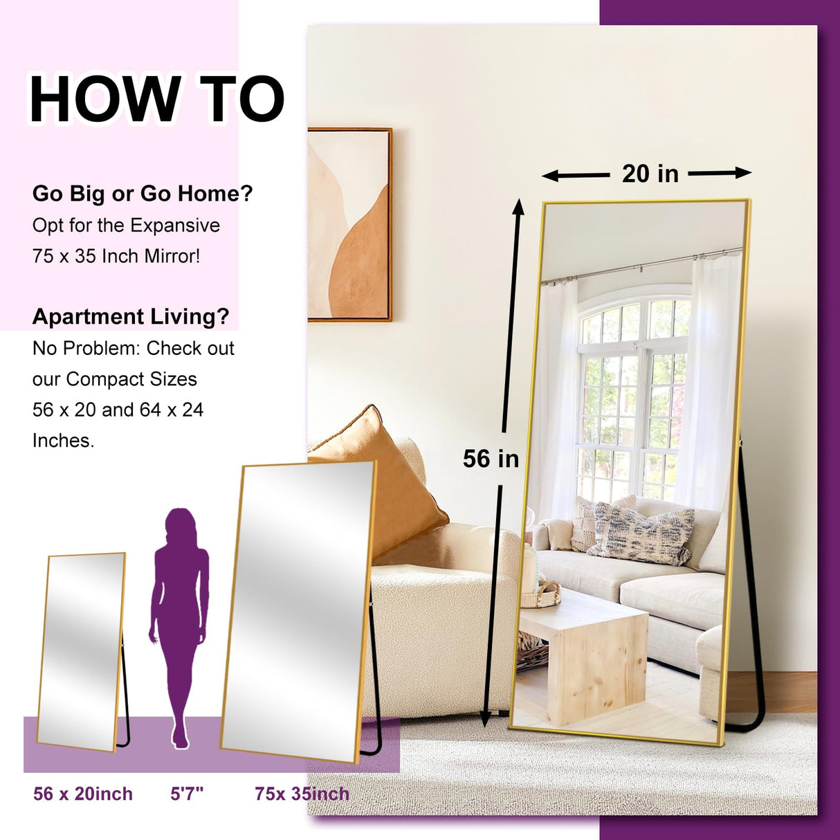 HIGREENA Full Length Mirror, 56"x20" Full Body Mirror, Floor Mirror with Aluminum Alloy Frame, Free Standing Mirror, Mirror Full Length Hanging or Leaning Against Wall, Gold HIGREENA