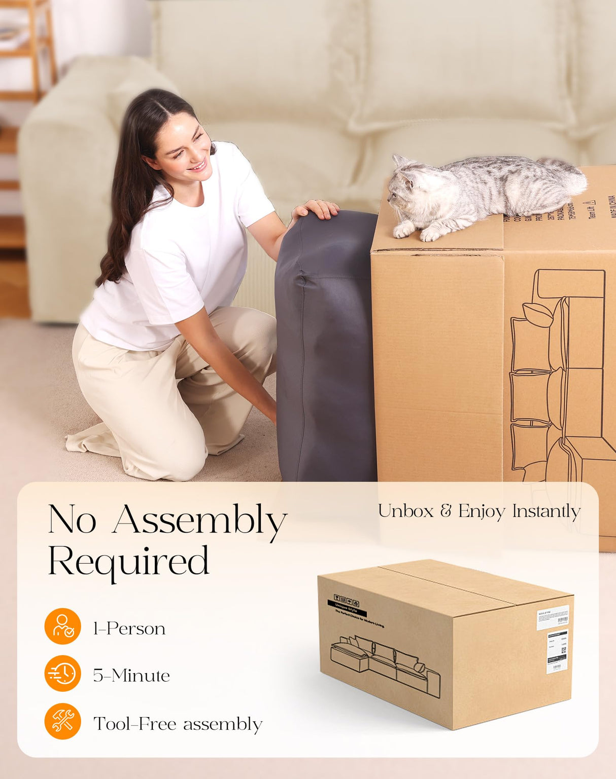 Mifnas 107" Comfy Cloud Couch with L-Shape Chaise & Deep Seat, Modular Sectional Sofa in a Box, Boneless Upholstered Couches for Living Room, No Assembly Required (Soft Corduroy, Beige) Mifnas