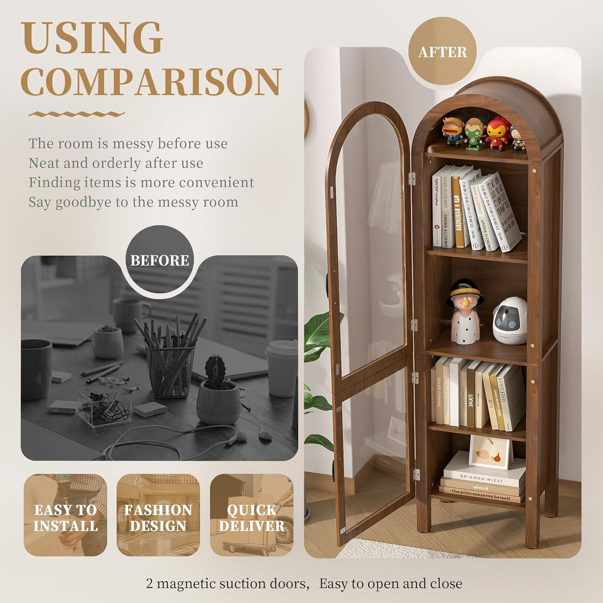 Lxsxlome 64.17 in Tall Arched Display Cabinet with Acrylic Glass Doors 5-Tier Kitchen Pantry Storage Cabinets Modern Wood Curio Cabinet Bookcase for Living Dining Room (Walnut, 16.92‘’W) Lxsxlome