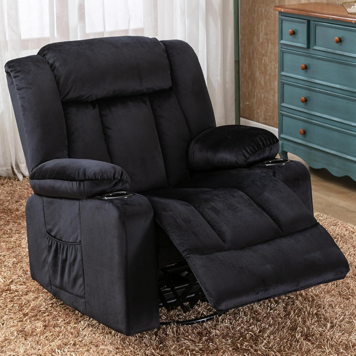 COMHOMA Recliner Chair,360° Swivel Rocker Glider Recliners with Cup Holders, Upholstered Fabric Rocking Chair for Adults,Manual Reclining Single Sofa for Living Room,Black COMHOMA