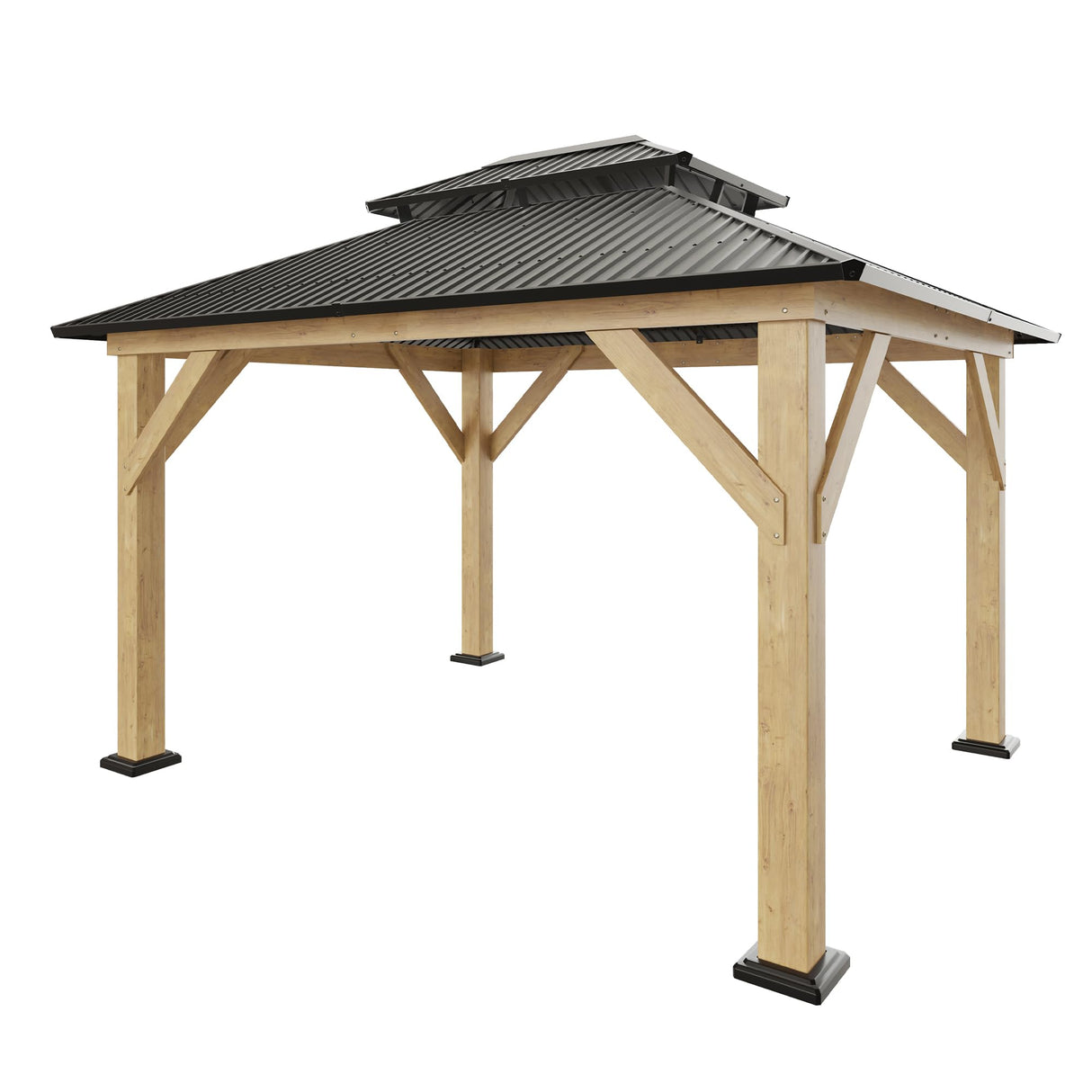 AMERLIFE 10x12 Wood Gazebo, Hardtop Gazebo with Aluminum Double Roof, Outdoor Gazebo with Wood Frame for Parties, Backyard, Lawns, Patio, Black + Natural Wood AMERLIFE