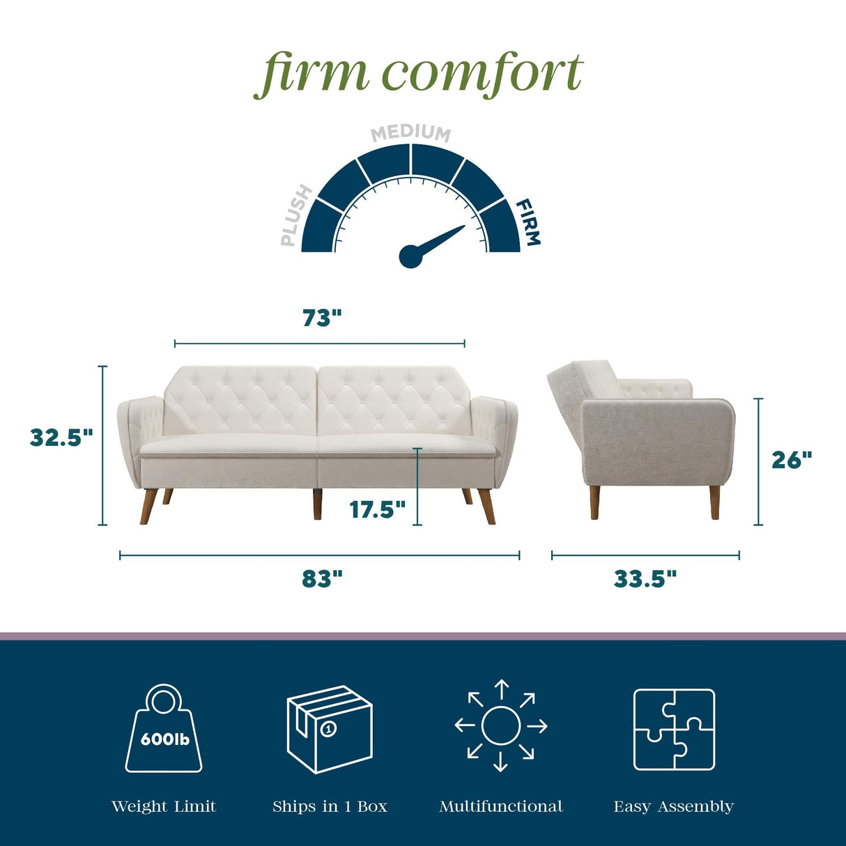 Novogratz Tallulah Memory Foam Futon Couch Bed, Futon Sofa Bed - Ivory Boucle Novogratz