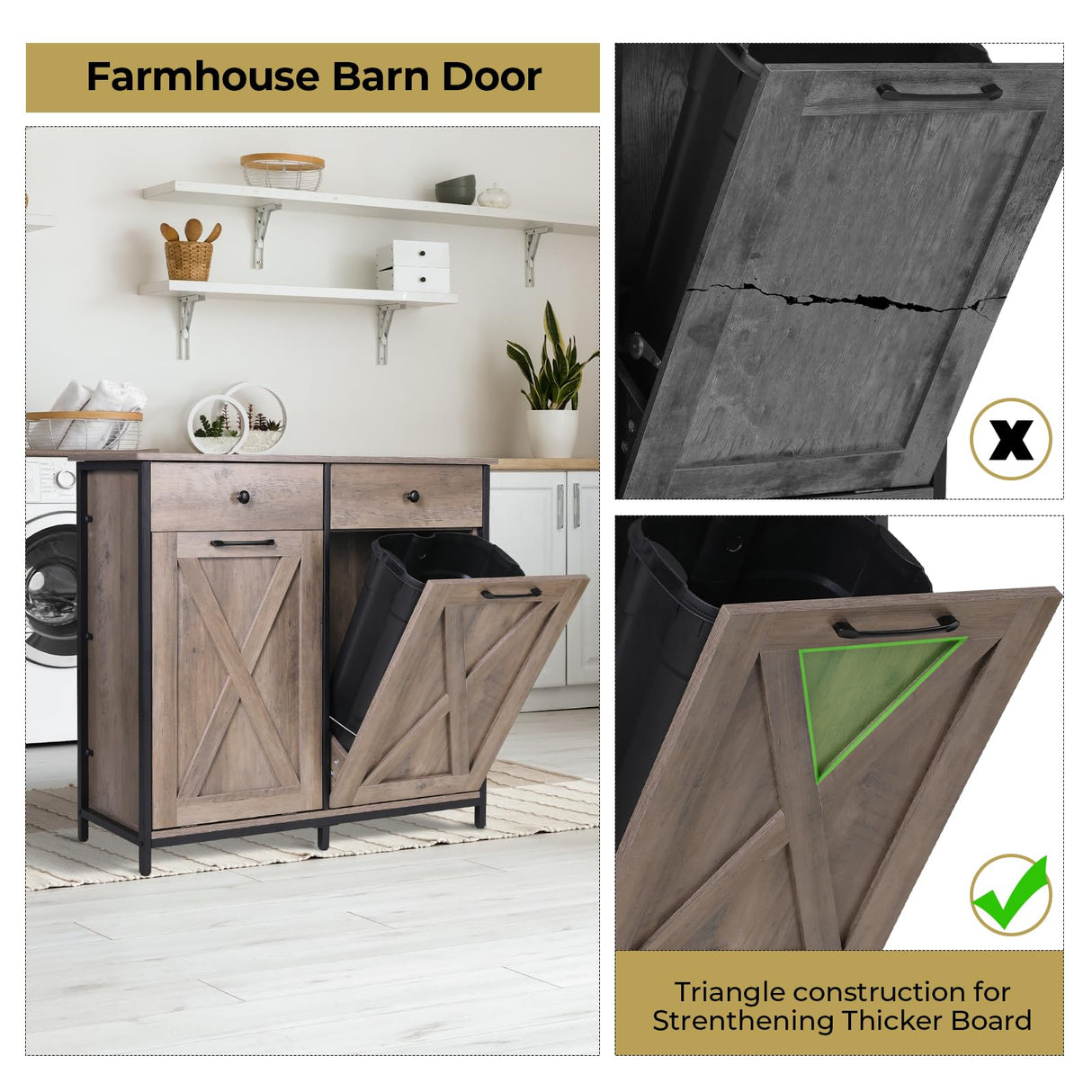 Arlopu Double Tilt Out Trash Cabinet, 20 Gallon Pet Proof Kitchen Pull Out Recycle Cabinet, Freestanding Wooden Laundry Sorter Cabinet, W/Drawer, Barn Door, for Home, Living Room, (Greige) Arlopu