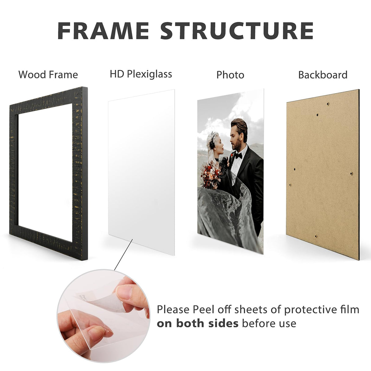 Golden State Art, 11x14 Picture Frame - Rustic Solid Wood with HD Plexiglass - 11 x 14 Picture Frame for Wall Mounting - Horizontal and Vertical Display - Distressed Black Golden State Art