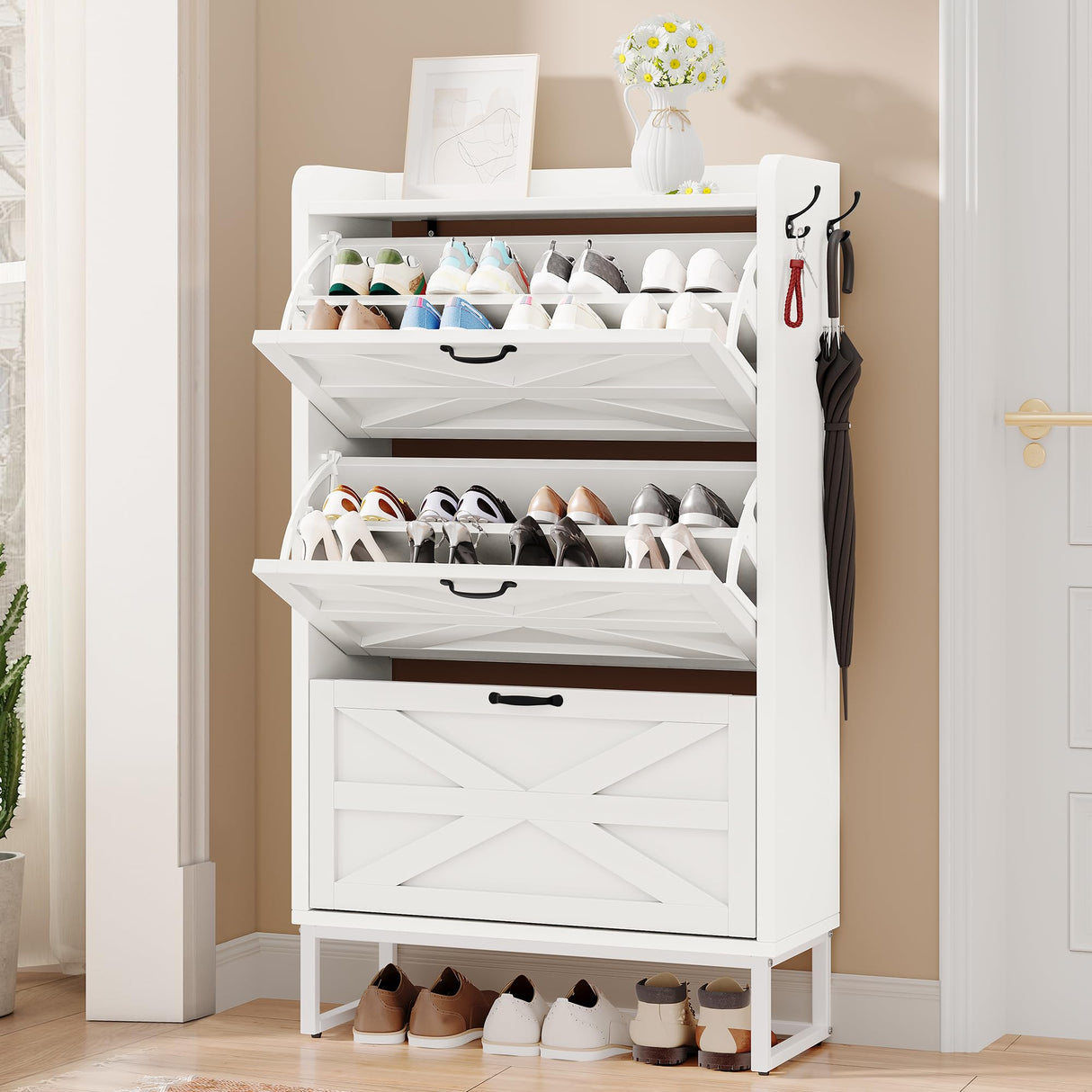 YITAHOME Farmhouse Shoe Storage Cabinet for 24 Pairs with 3 Flip Drawers, Narrow Slim Shoe Rack Cabinet for Hallway, Shoe Organizer for Entryway, Living Room (White) YITAHOME