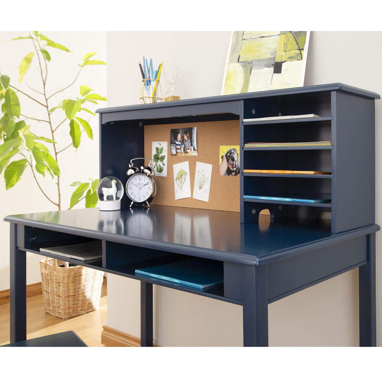 Guidecraft Kids Media Desk and Chair Set - Navy: Student's Workstation with Storage, Wooden Writing Table with Hutch and Shelves for Kids Bedroom, Boys Study Desk Set Guidecraft